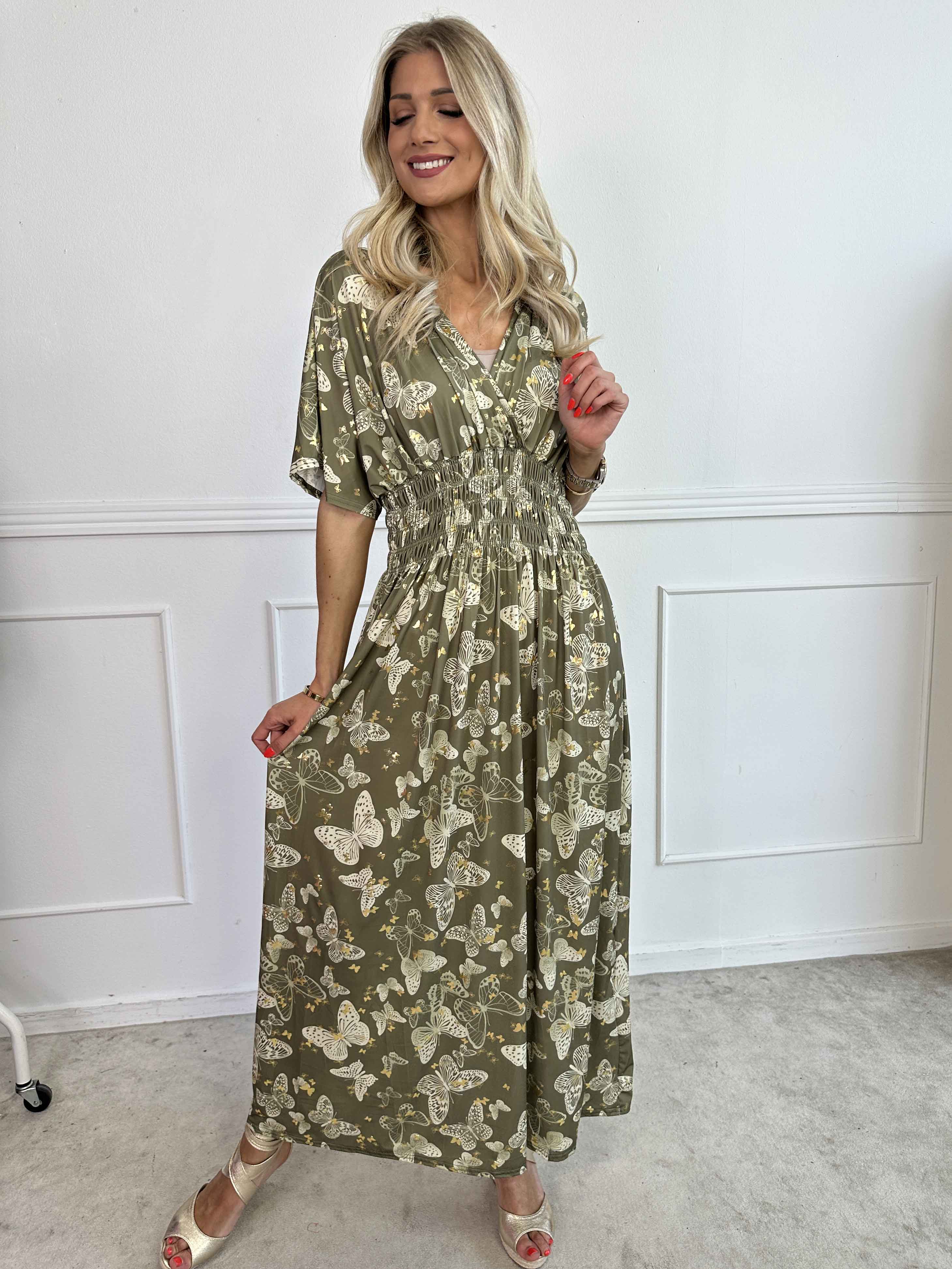 Pams Butterfly - Lang elastisk kjole med smock i livet