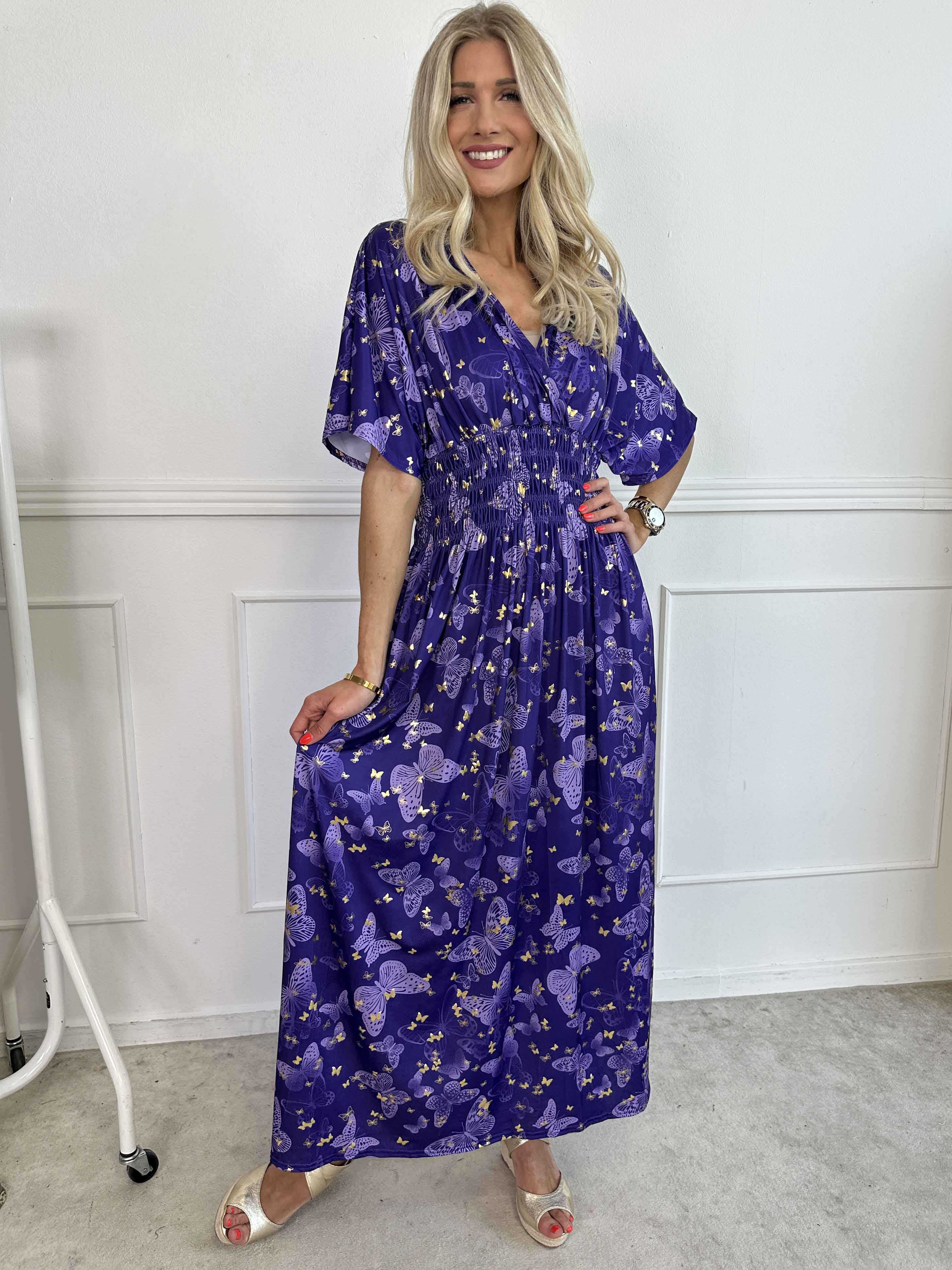 Pams Butterfly - Lang elastisk kjole med smock i livet