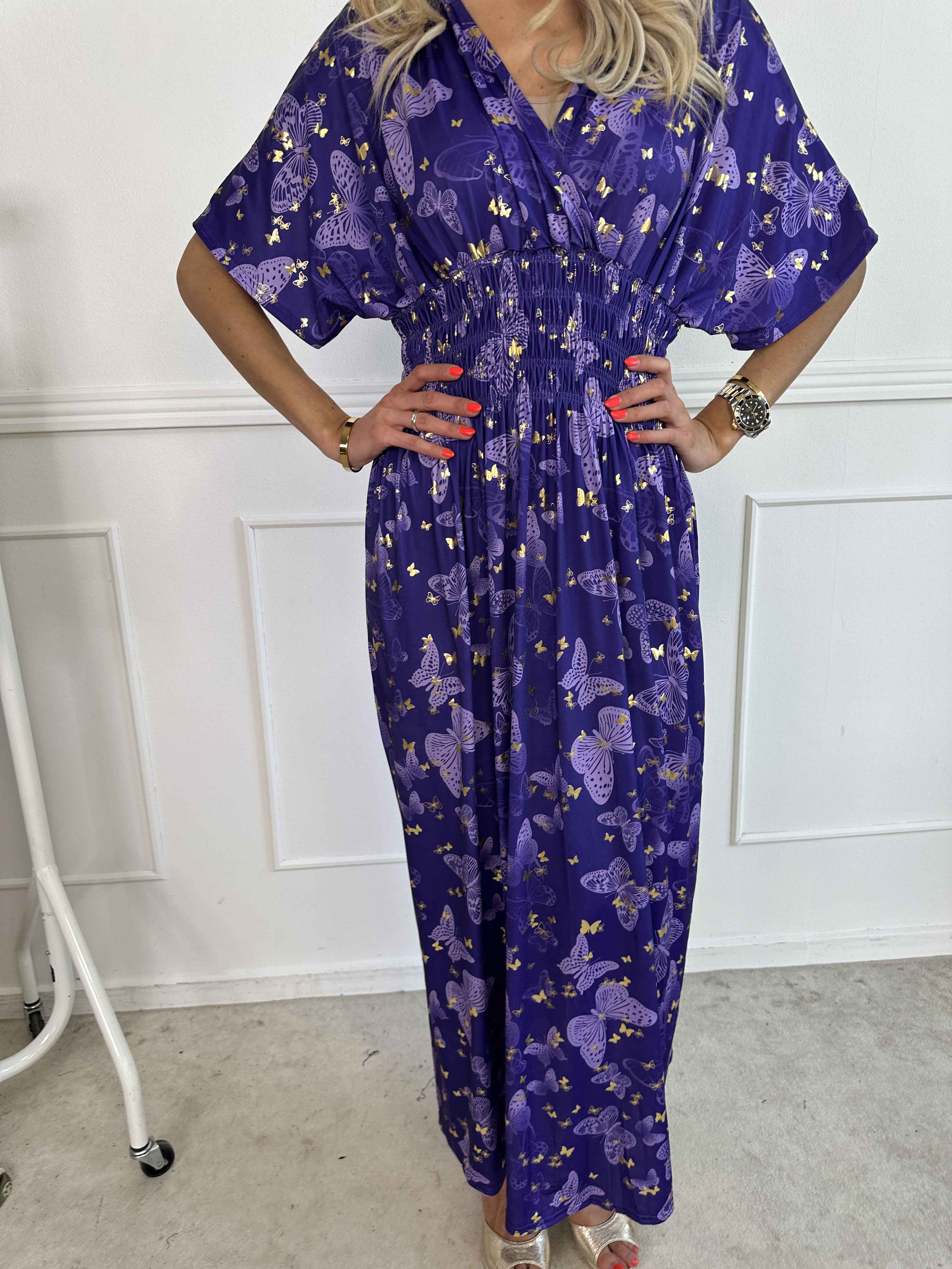 Pams Butterfly - Lang elastisk kjole med smock i livet