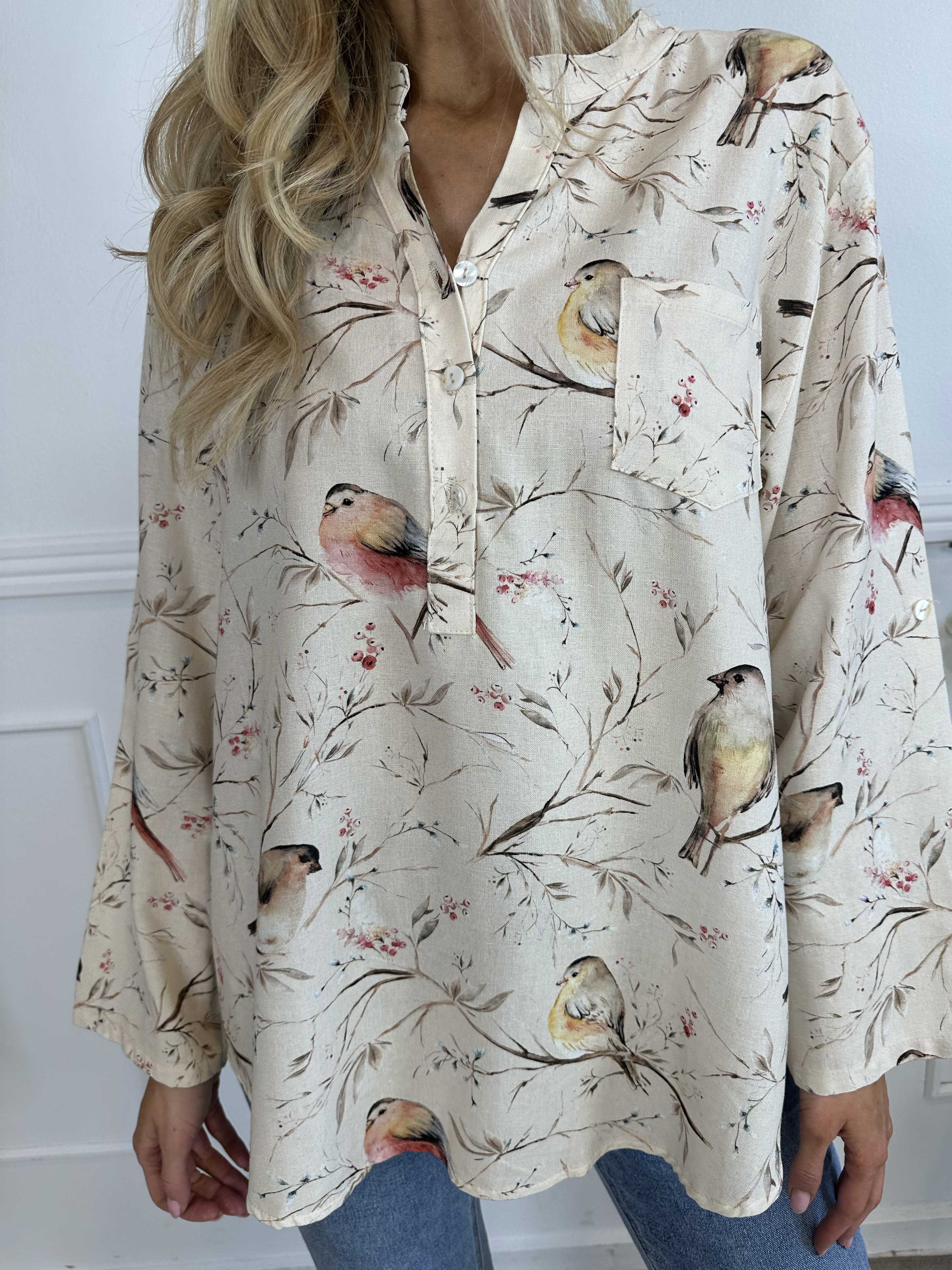 Carmen - Skjorte med fugle lavet i hør og bomuld