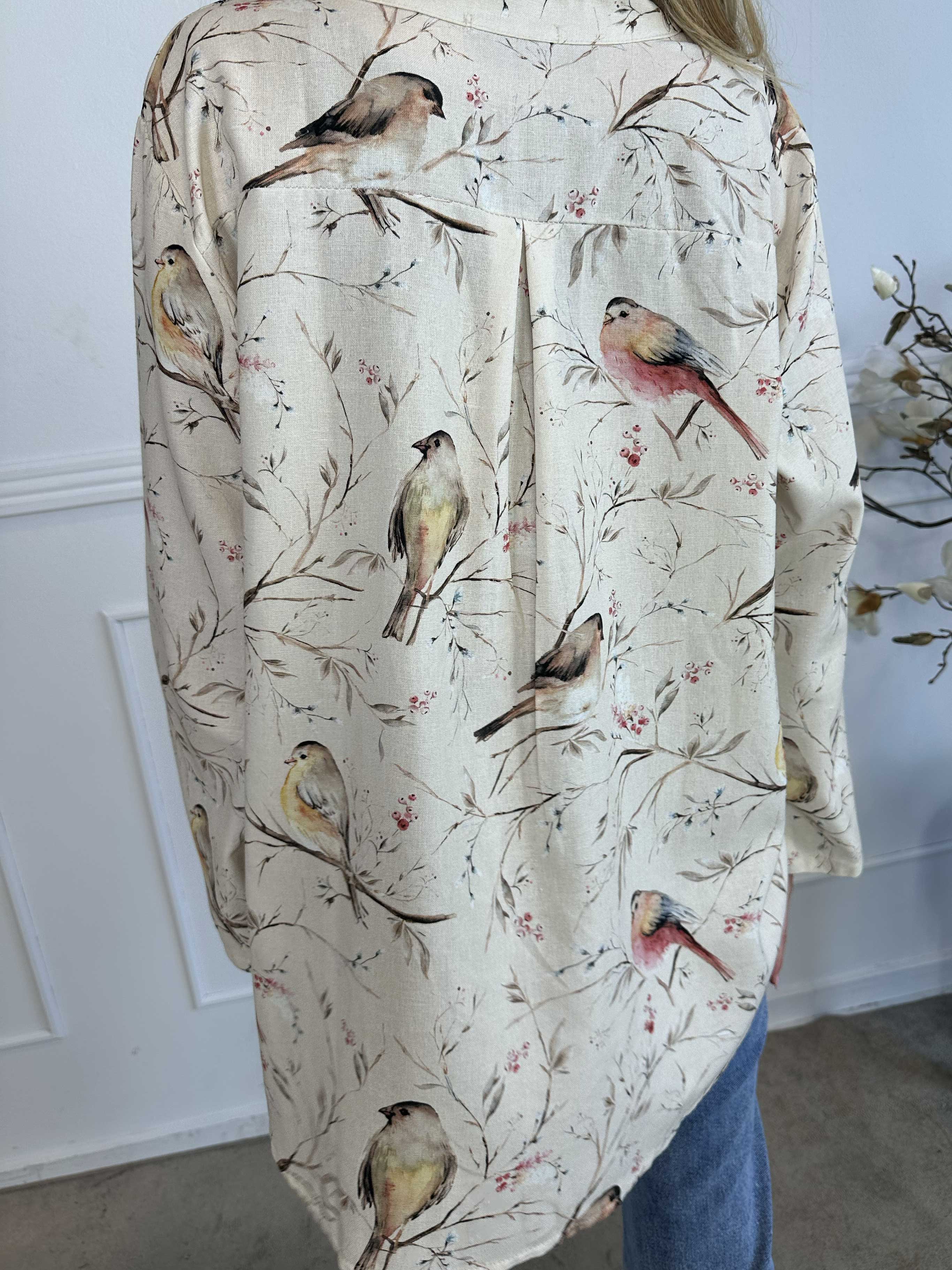 Carmen - Skjorte med fugle lavet i hør og bomuld