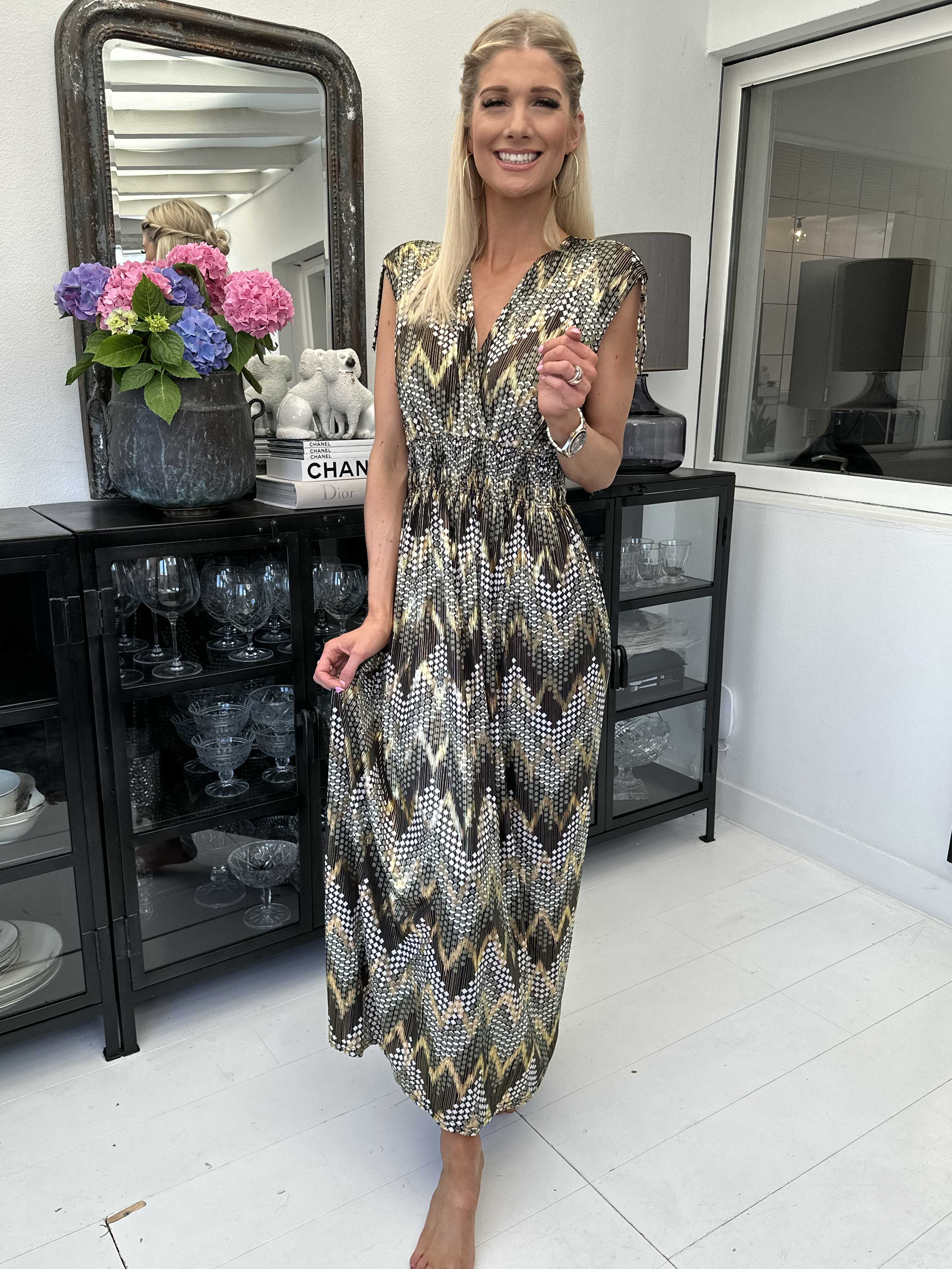 Pams Pattern Sleeveless - Lang elastisk kjole i krølfrit stof