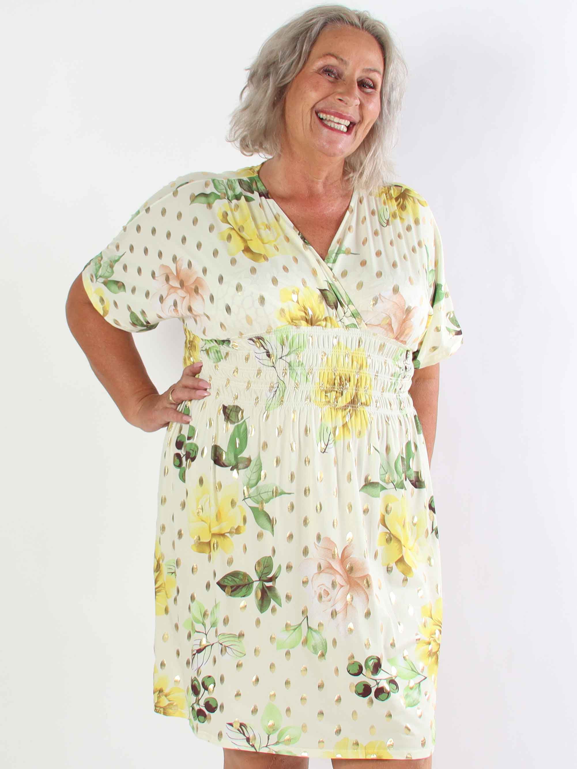 Pams Summer Short - Elastisk plus size kjole med blomstermotiver og smock