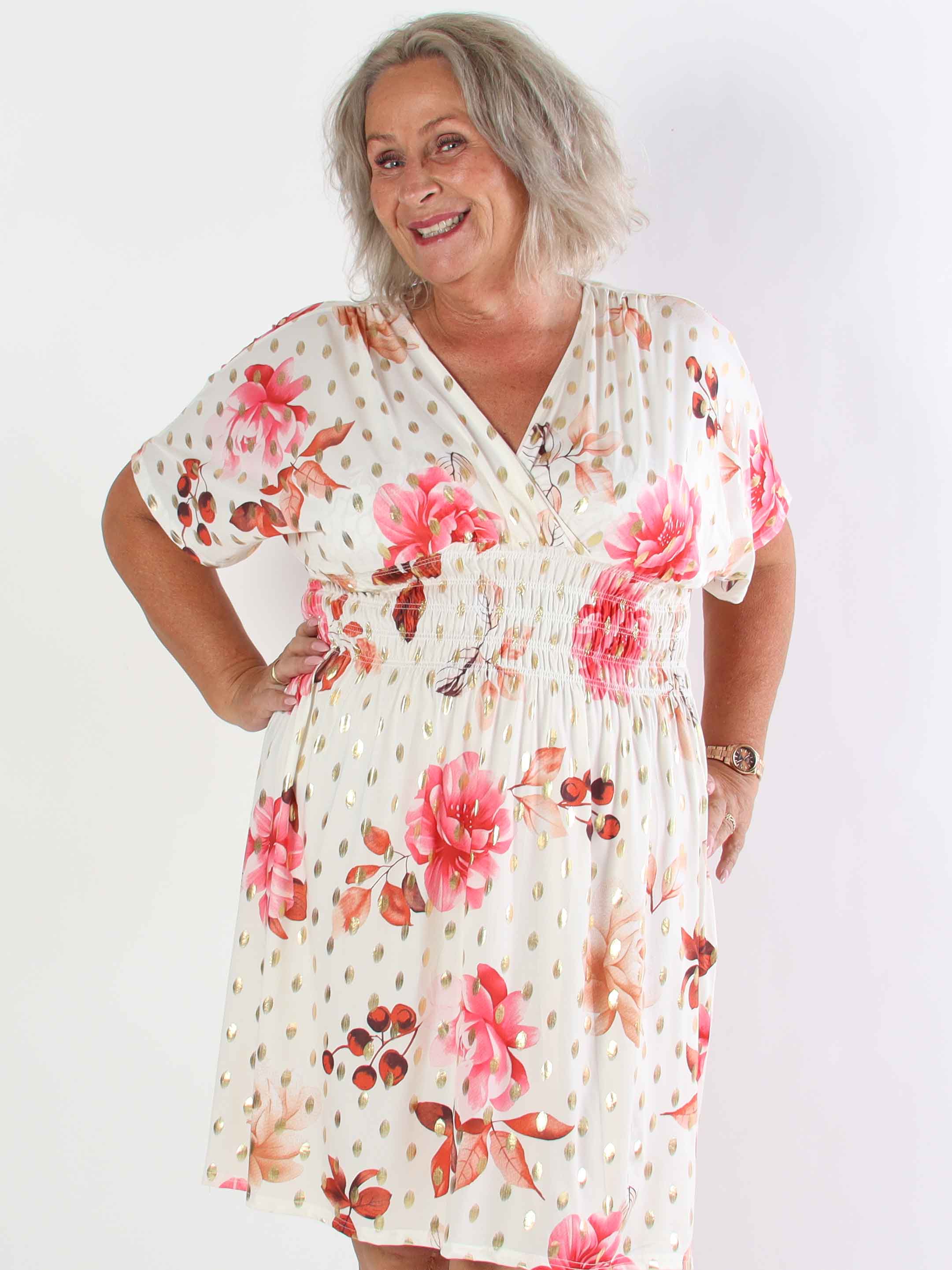 Pams Summer Short - Elastisk plus size kjole med blomstermotiver og smock