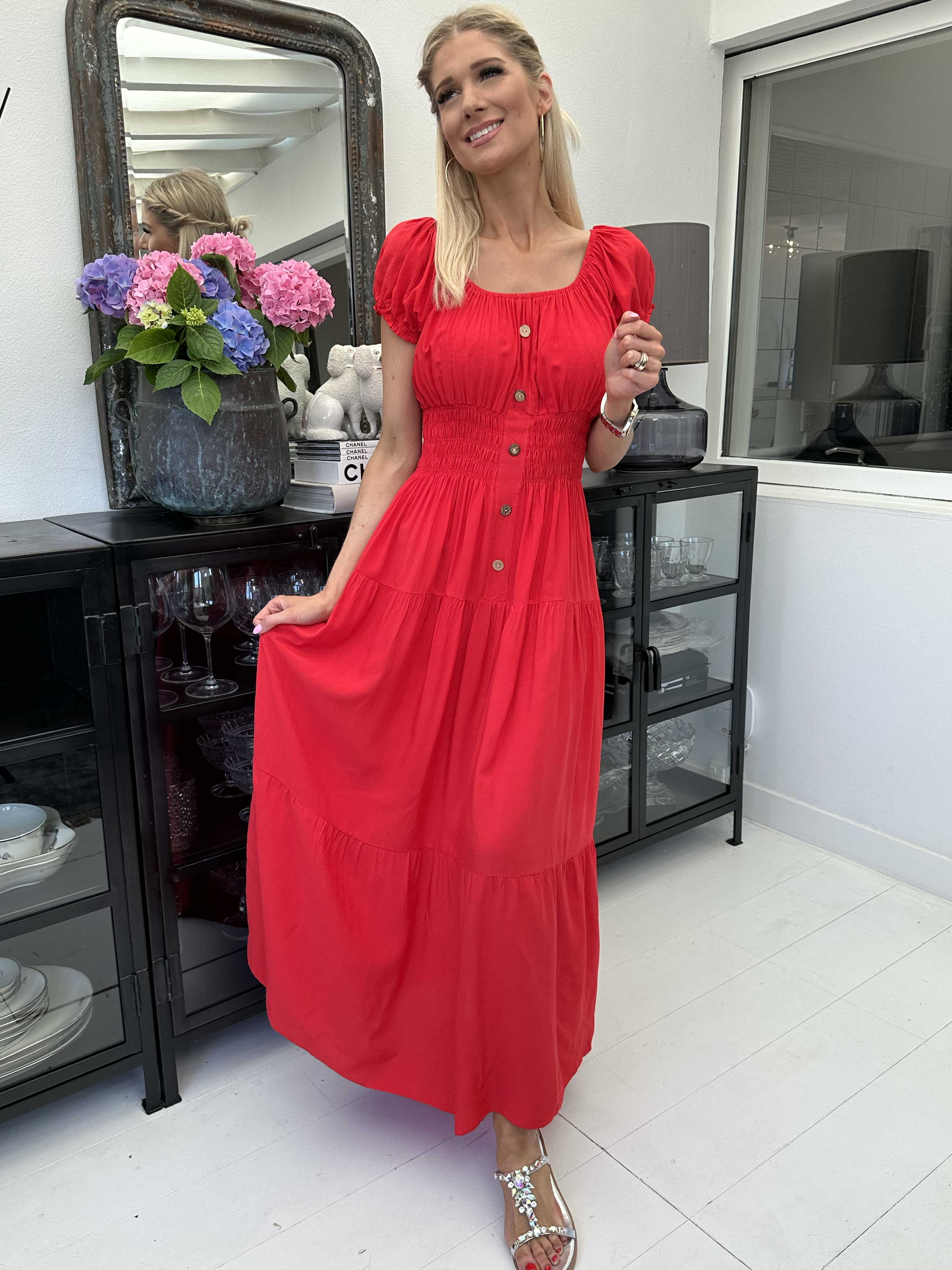 Finalia Plain - Lang sød kjole pufærmer og elastik i taljen