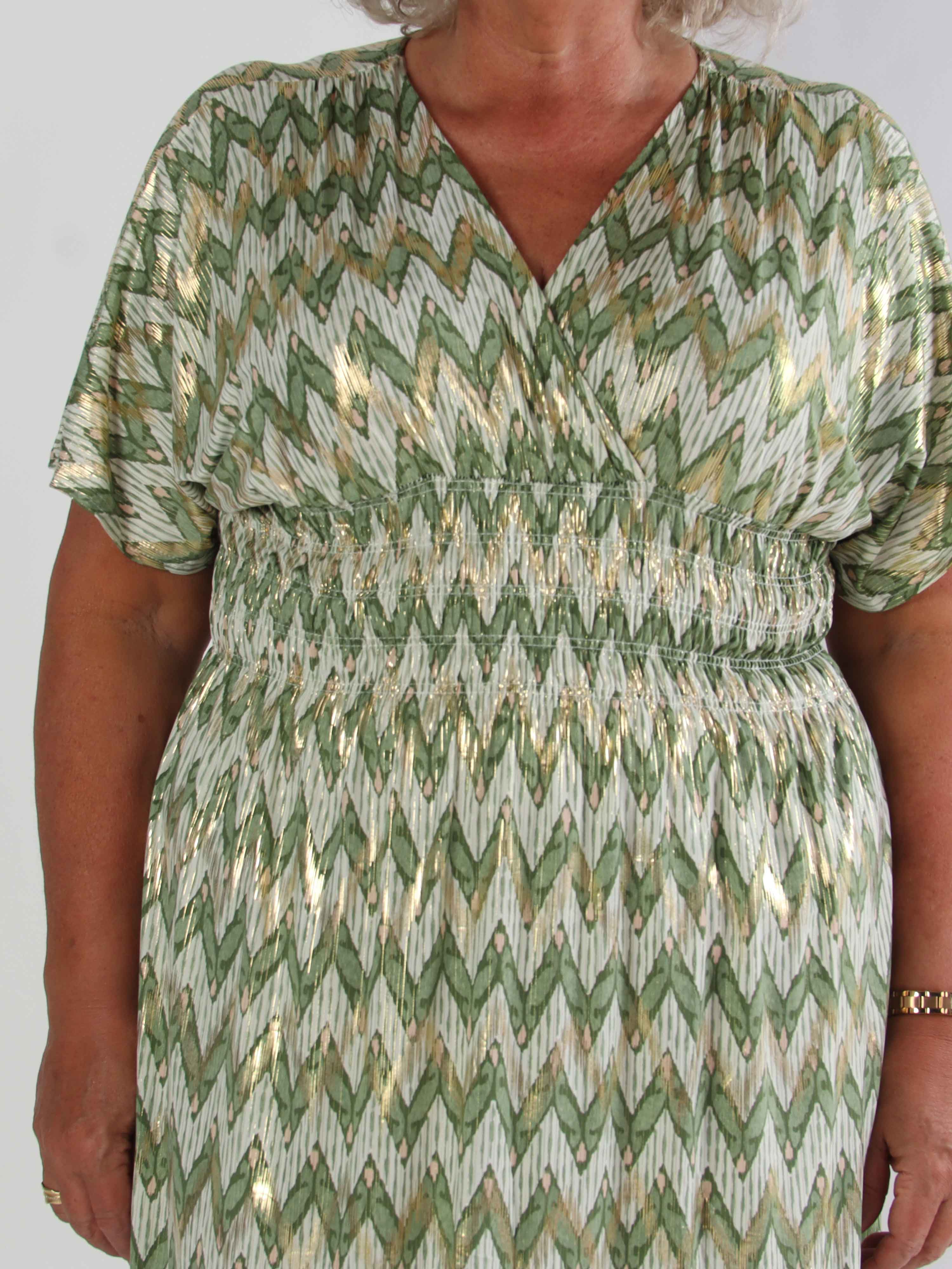 Pams Zigzag Short - Elastisk mønstret plus size kjole med guld detaljer