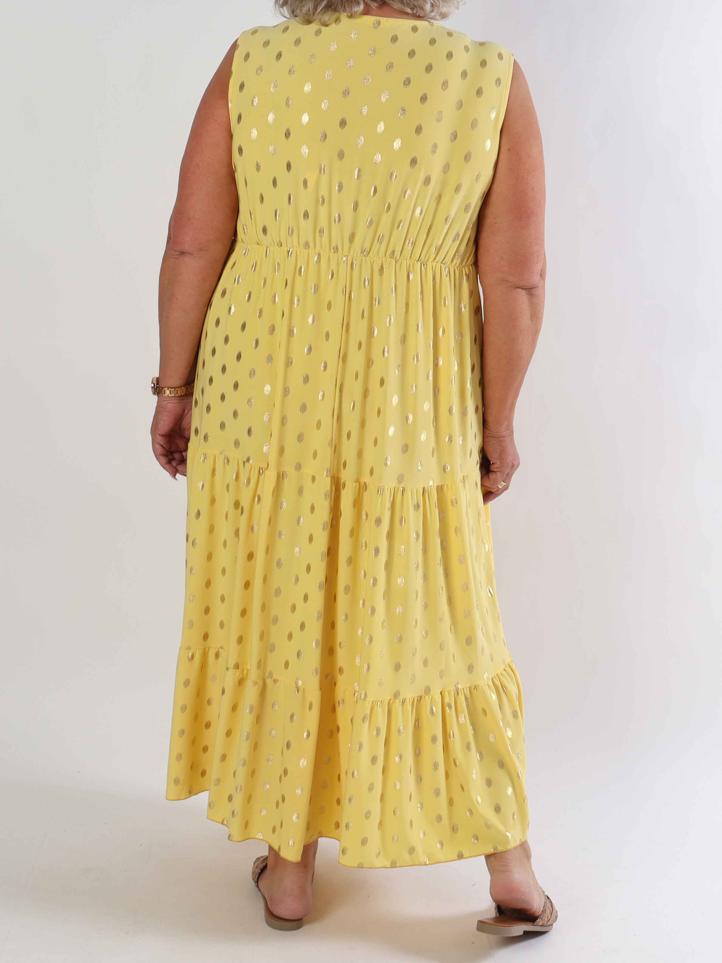 Karini Gold - Lang elastisk plus size kjole med guld dutter