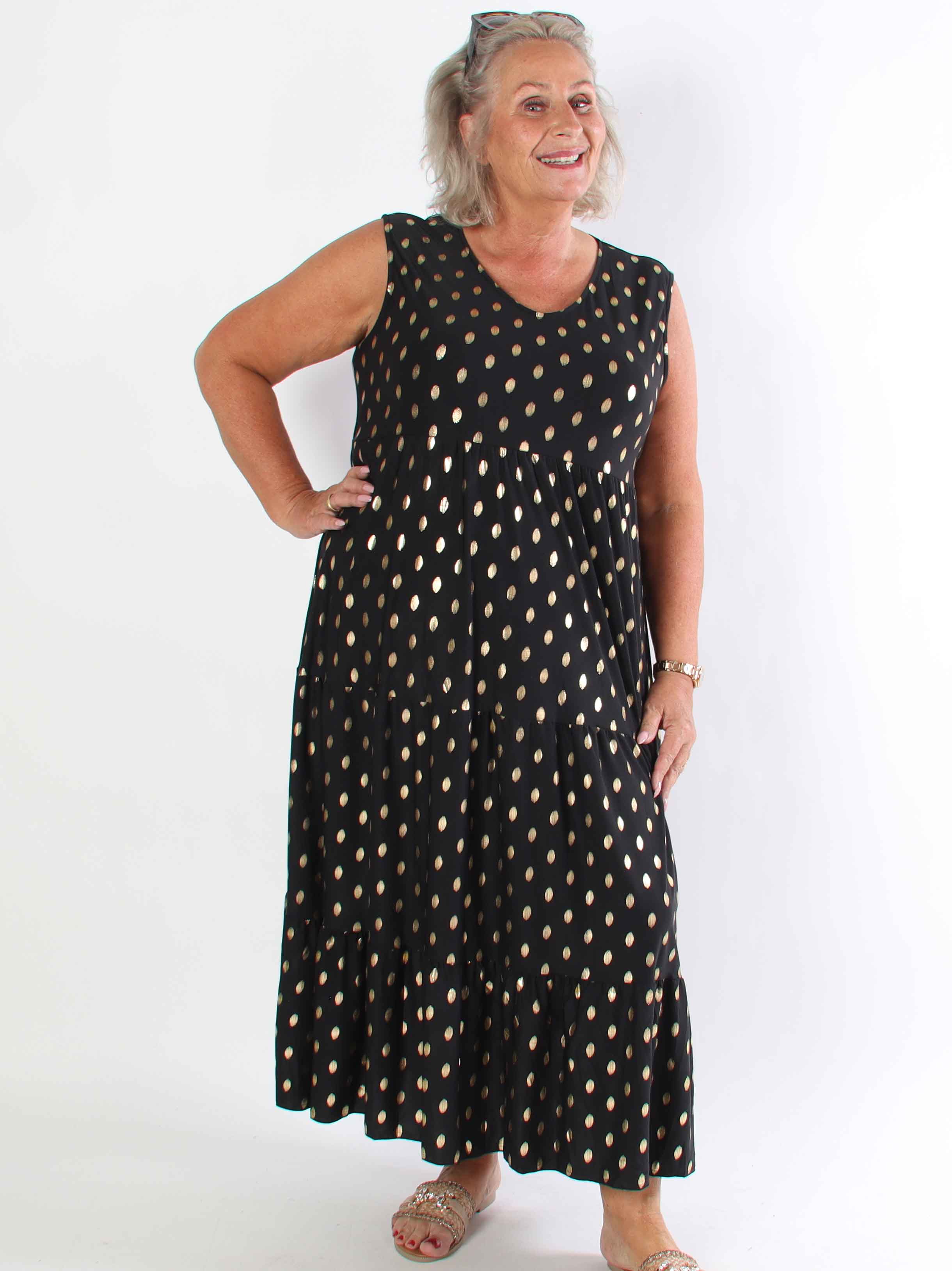 Karini Gold - Lang elastisk plus size kjole med guld dutter