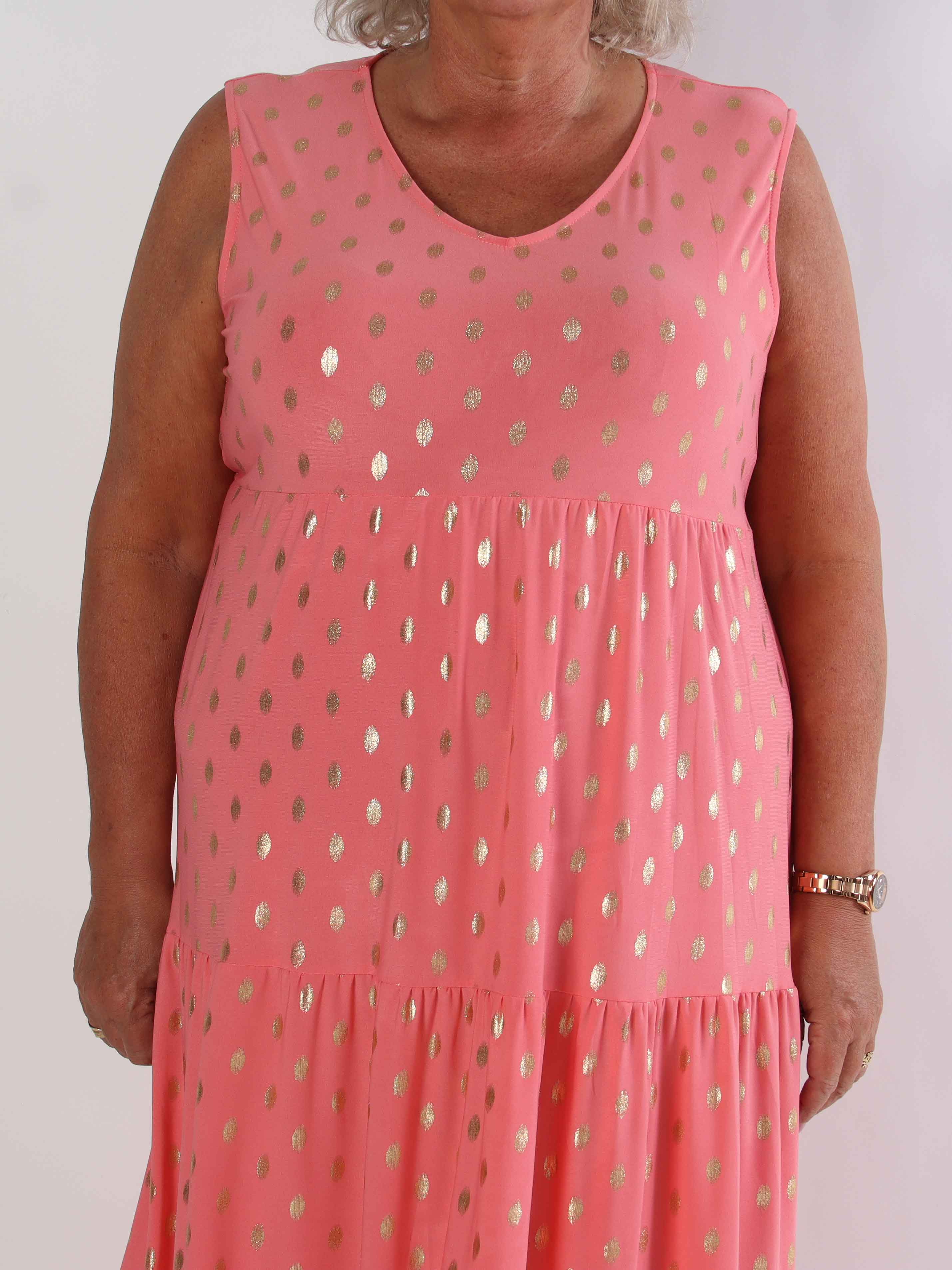 Karini Gold - Lang elastisk plus size kjole med guld dutter