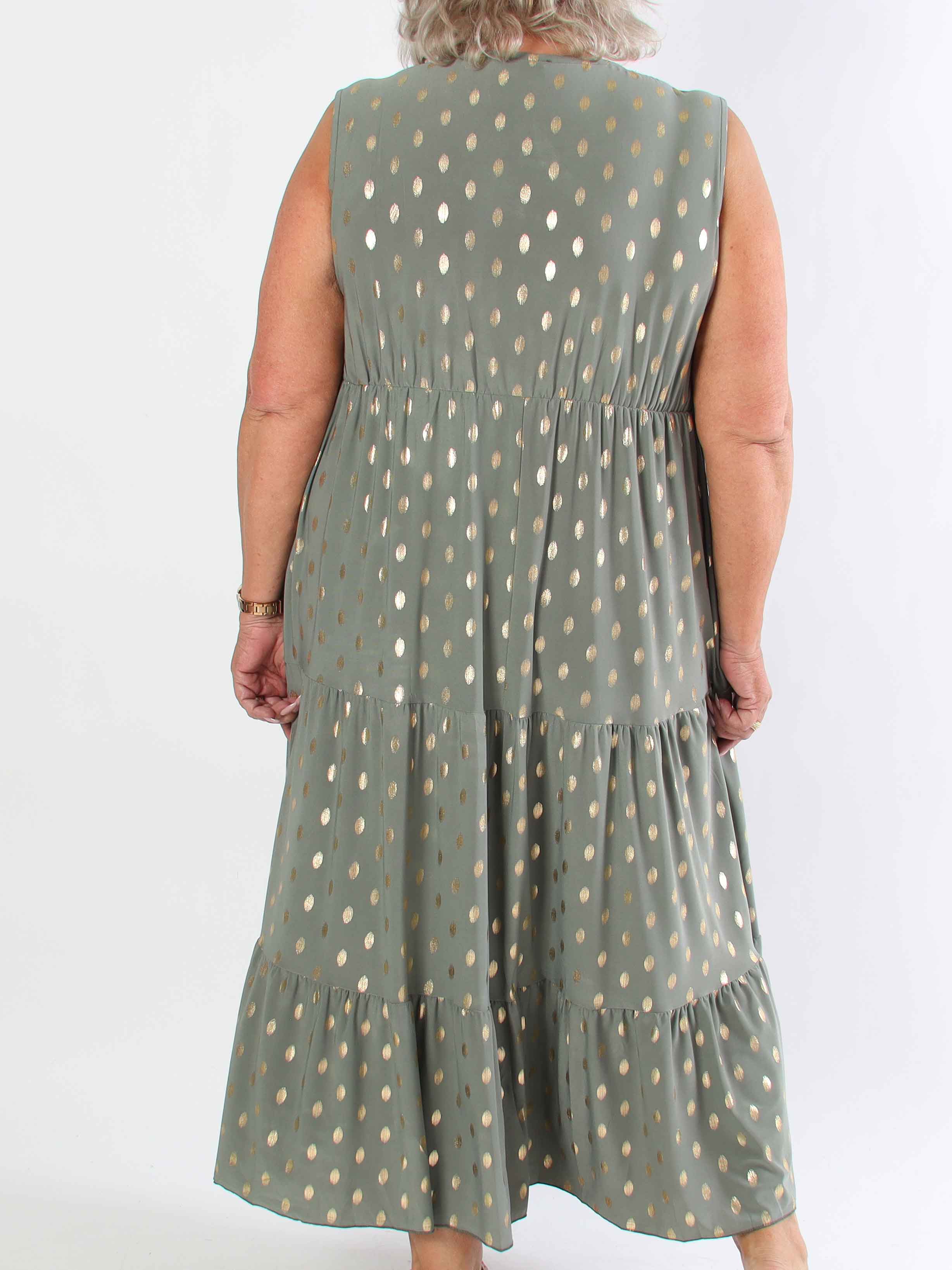 Karini Gold - Lang elastisk plus size kjole med guld dutter