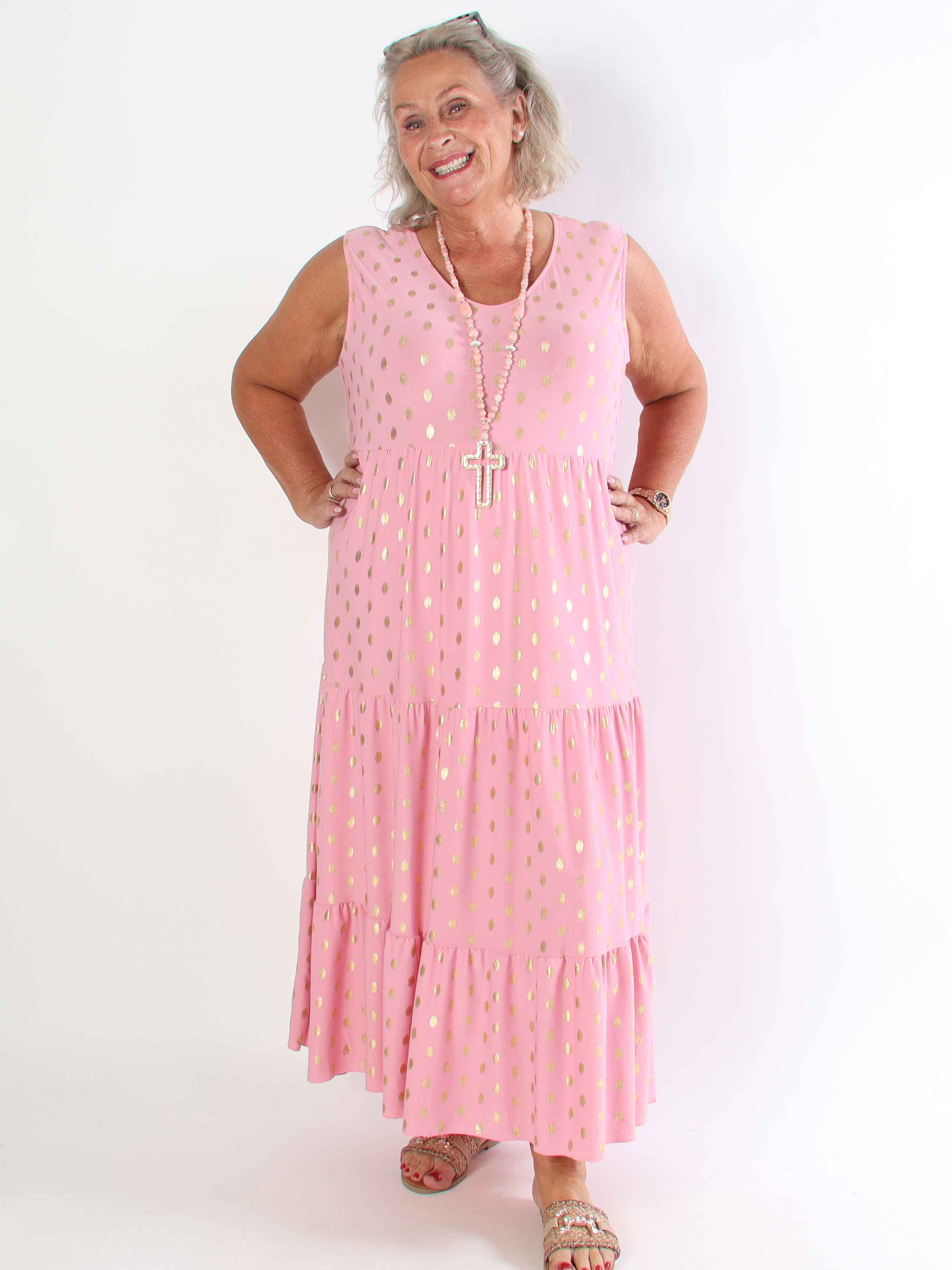 Karini Gold - Lang elastisk plus size kjole med guld dutter