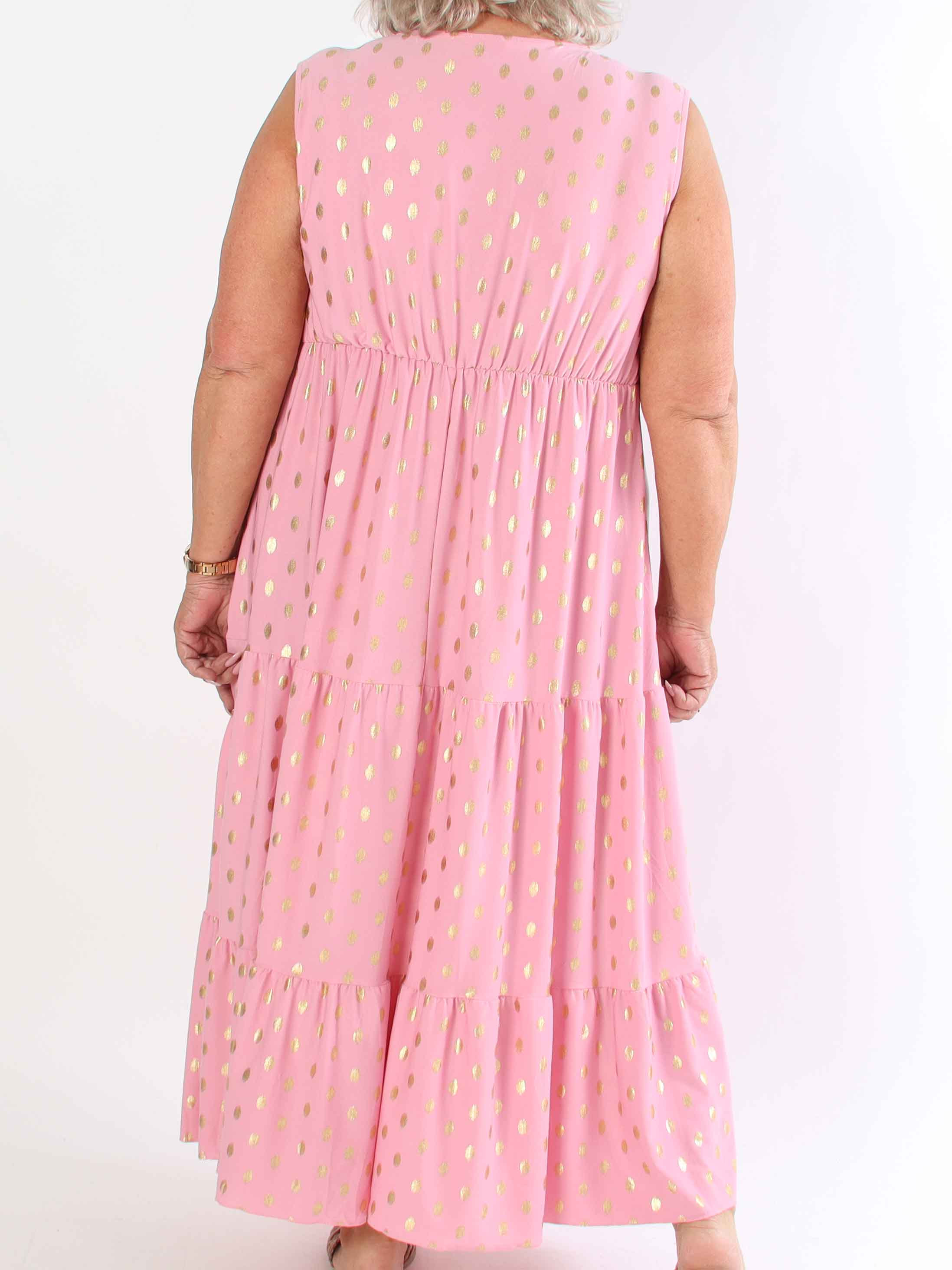 Karini Gold - Lang elastisk plus size kjole med guld dutter