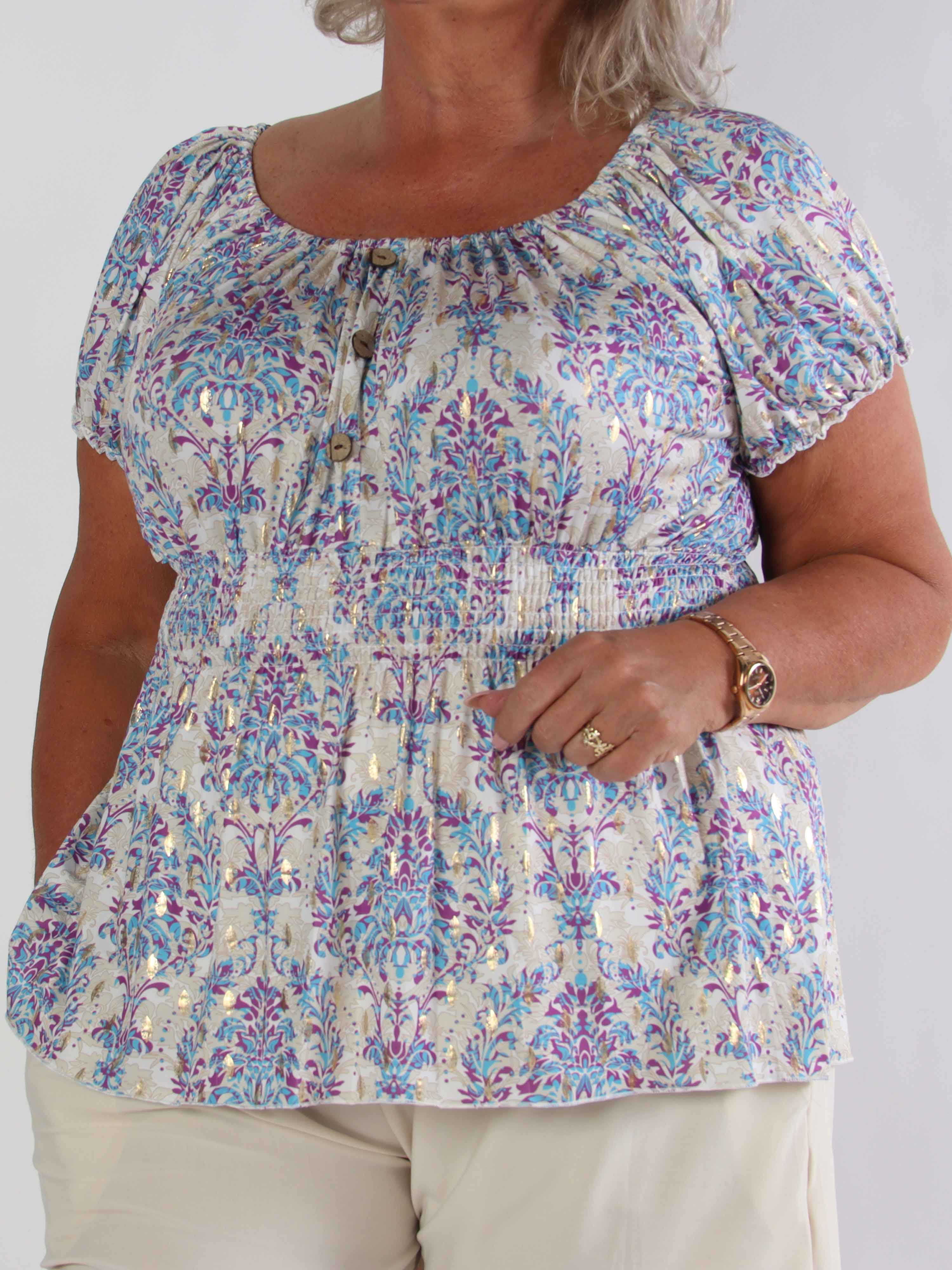 Cora Royal Shirt - Sød elastisk plus size bluse med smock under brystet