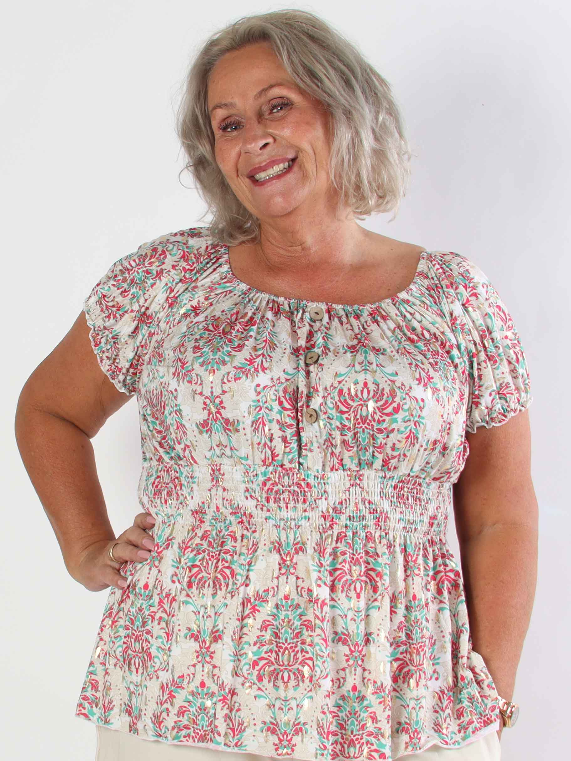 Cora Royal Shirt - Sød elastisk plus size bluse med smock under brystet