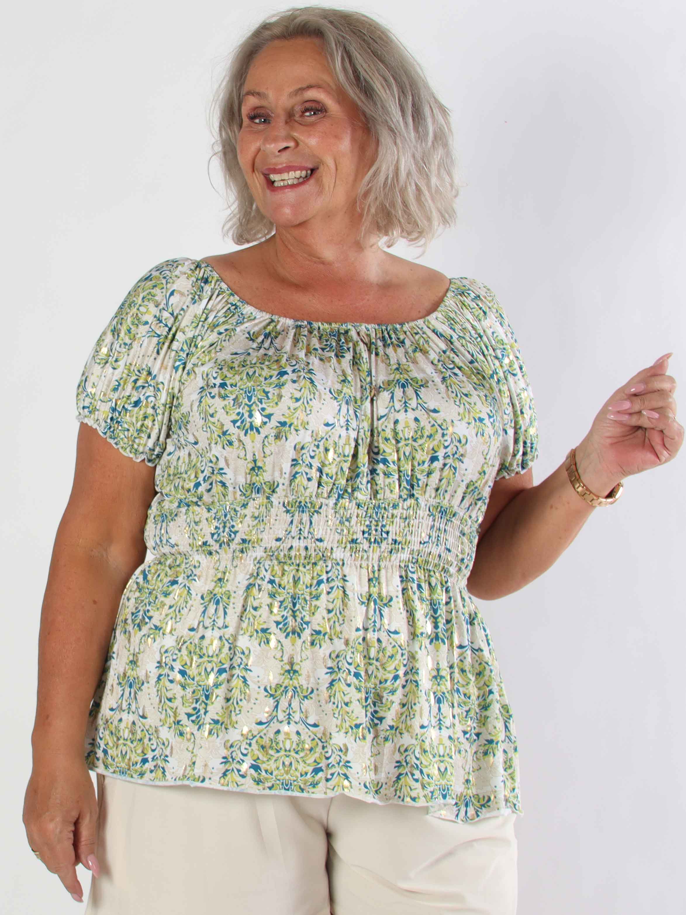 Cora Royal Shirt - Sød elastisk plus size bluse med smock under brystet