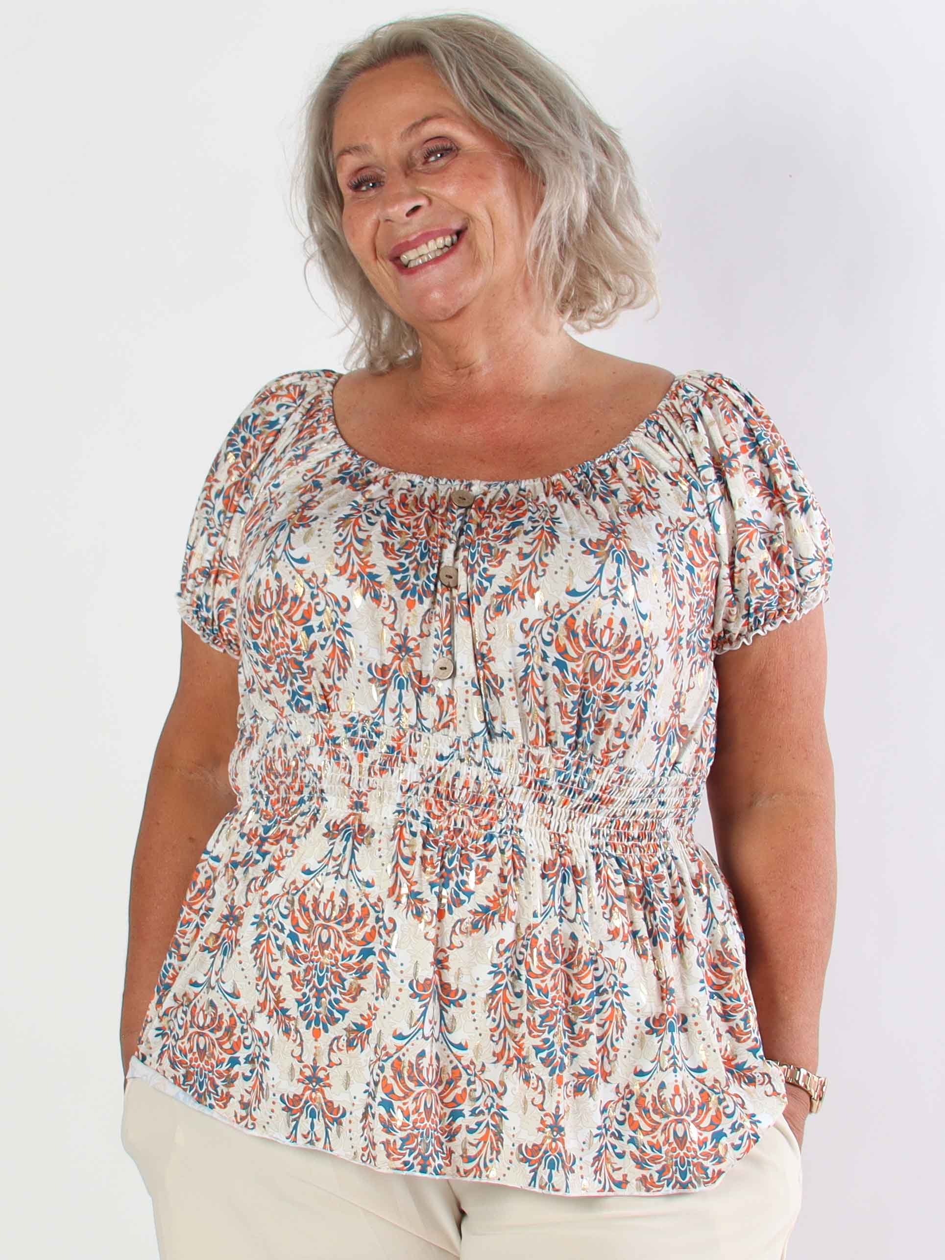 Cora Royal Shirt - Sød elastisk plus size bluse med smock under brystet