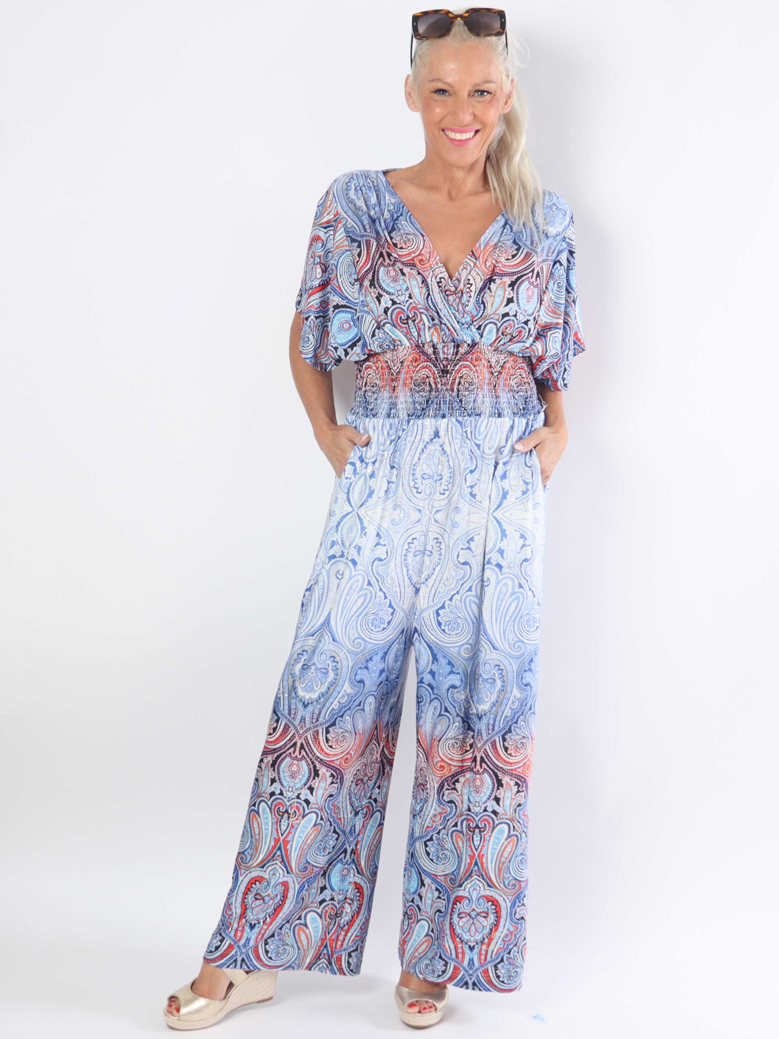 Pams Paisley Jumpsuit - Elastisk plus size buksedragt med mønster