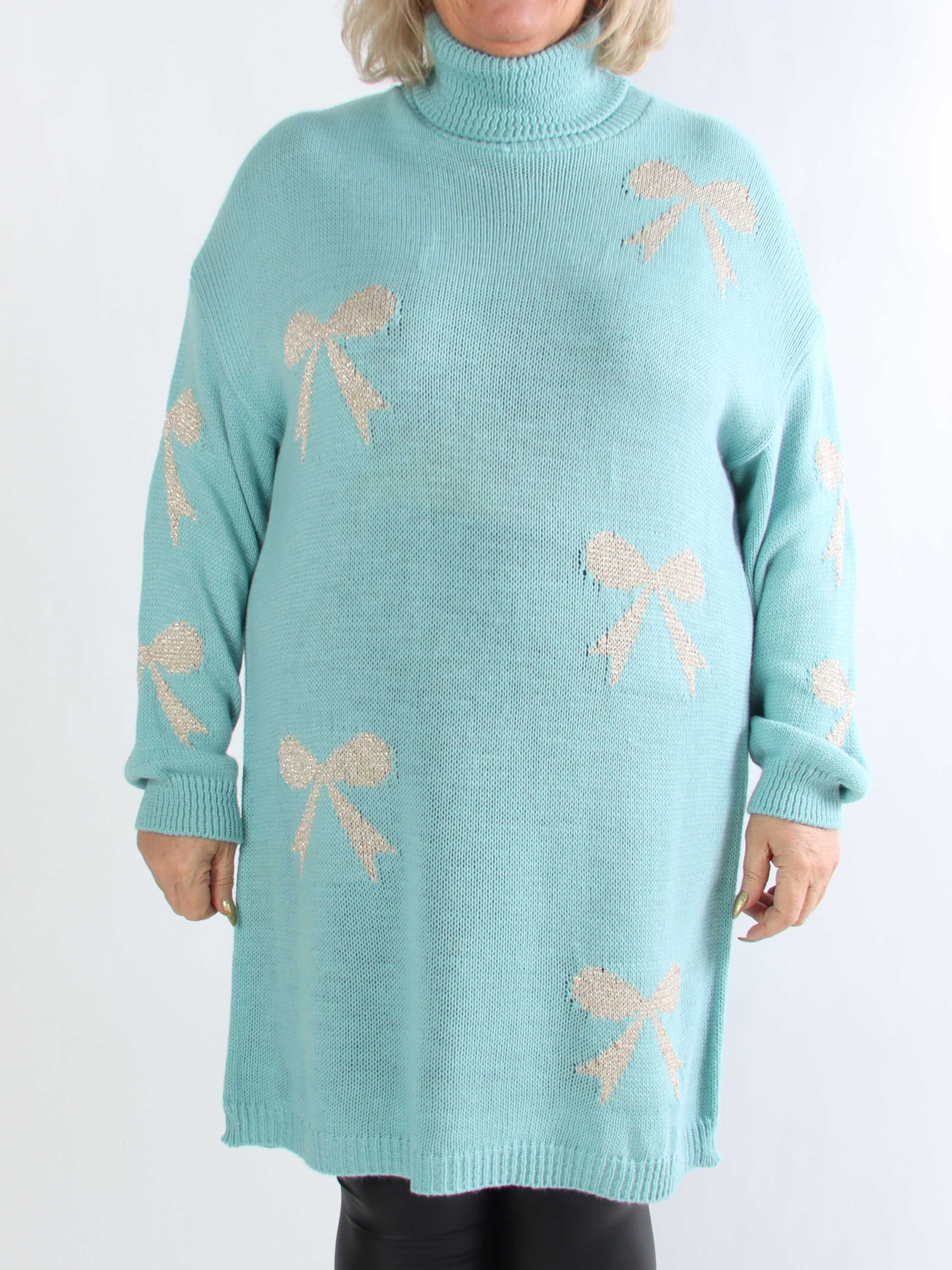 Vallie - Plus size strikkjole med guldsløjfer og rullekrave