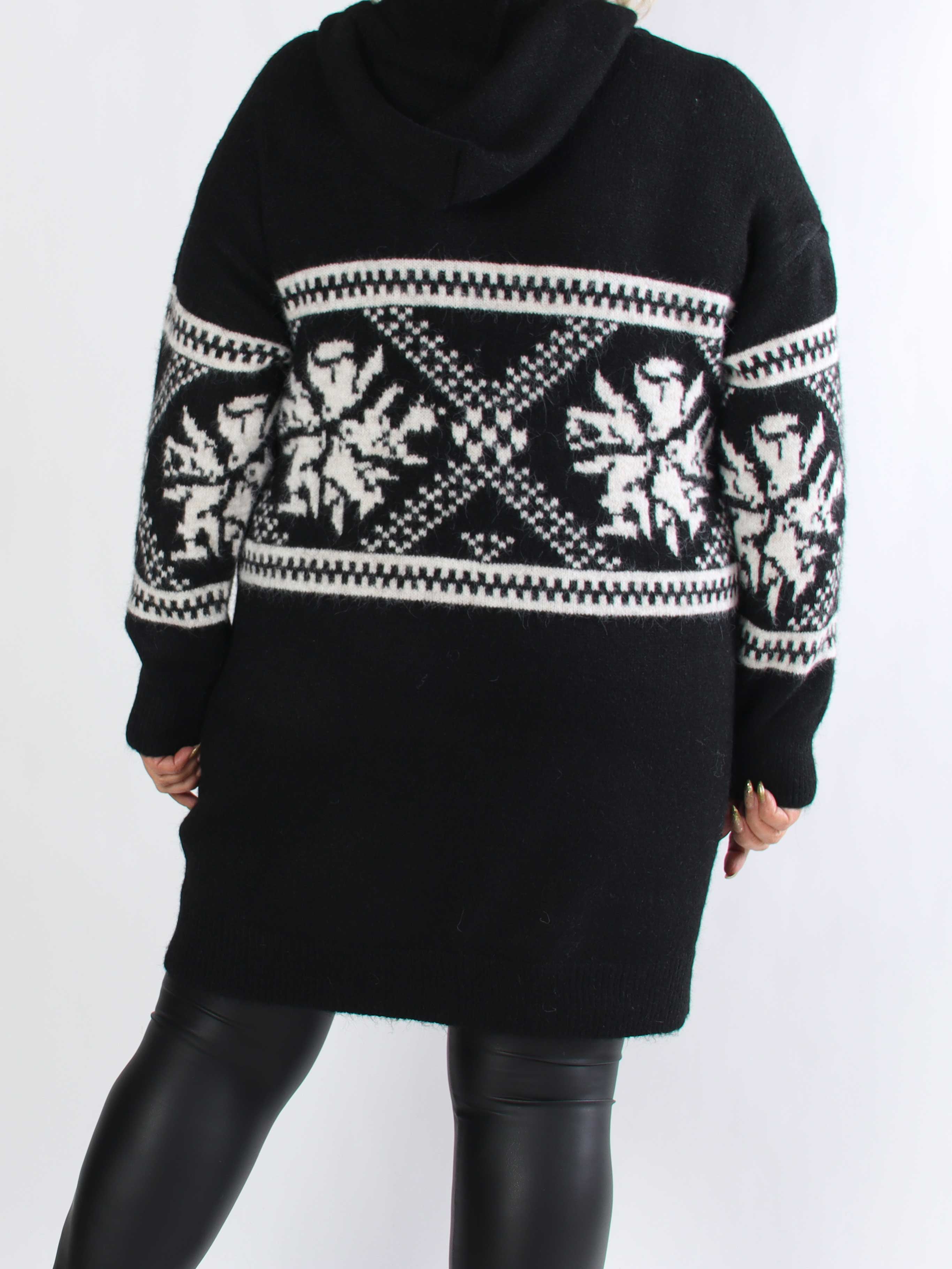 Veni Long - Blød mønstret strikkjole i plus size med hætte