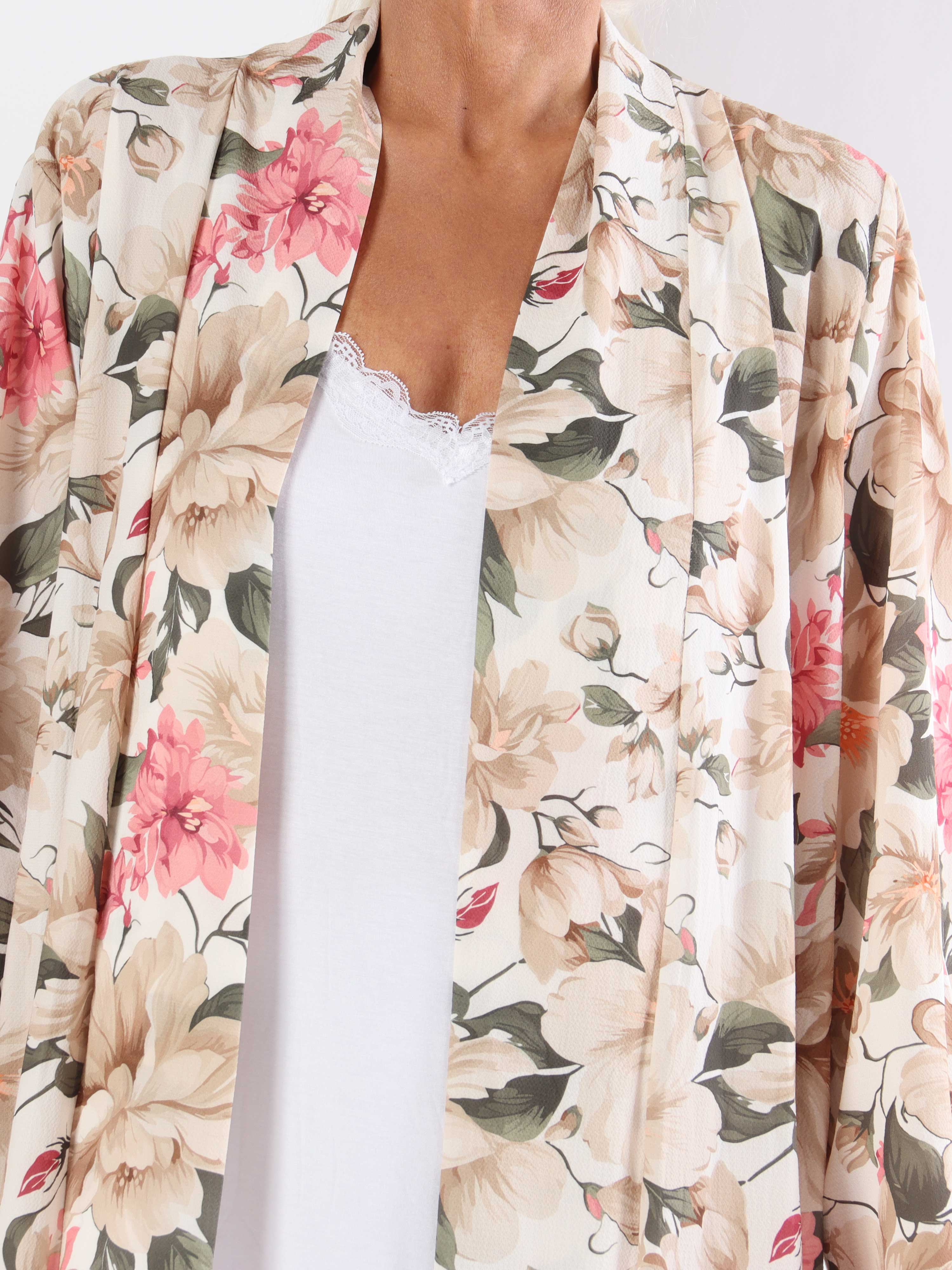 Flower Kimono - Sød lang plus size kimono med blomsterprint