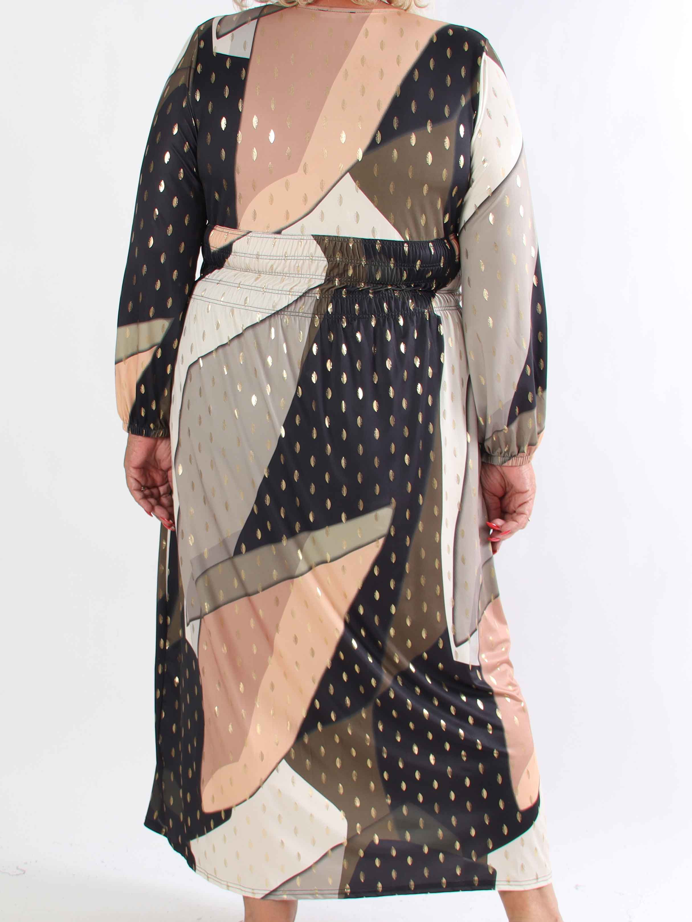 Pams Abstract L/S - Elastisk flerfarvet plus size kjole med guld detaljer