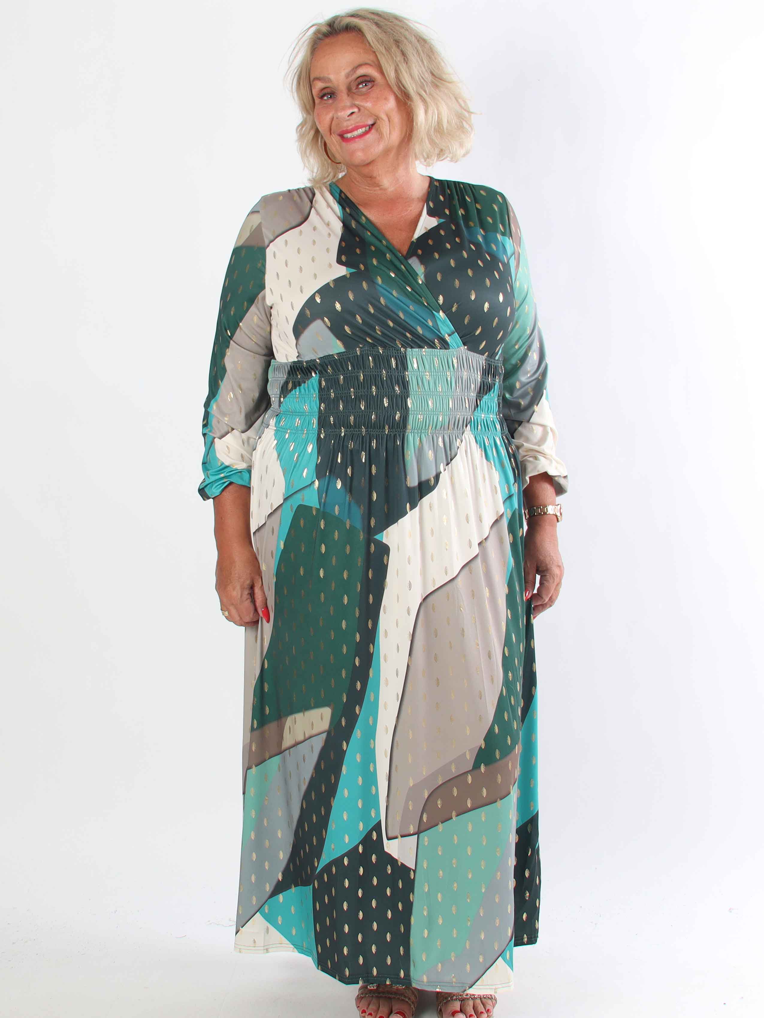 Pams Abstract L/S - Elastisk flerfarvet plus size kjole med guld detaljer