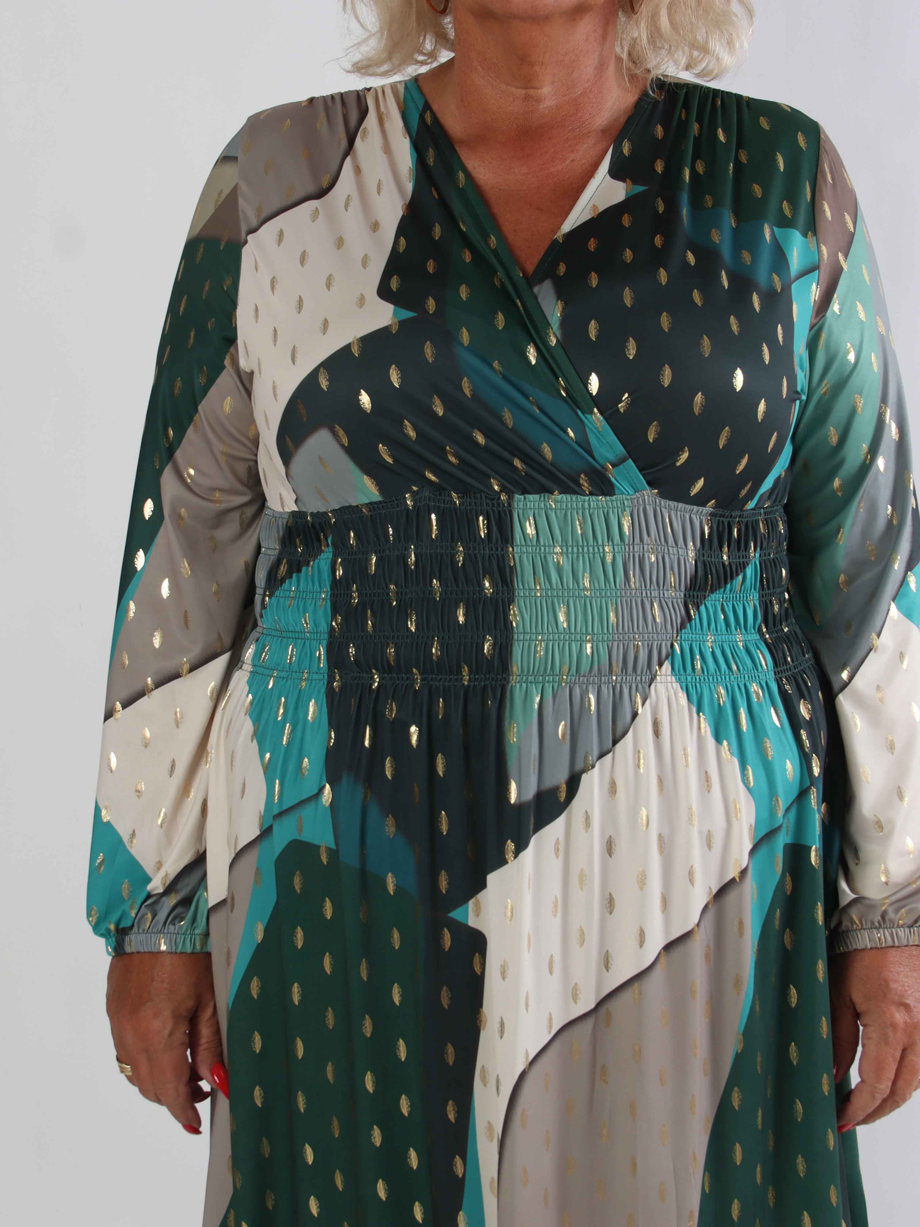 Pams Abstract L/S - Elastisk flerfarvet plus size kjole med guld detaljer