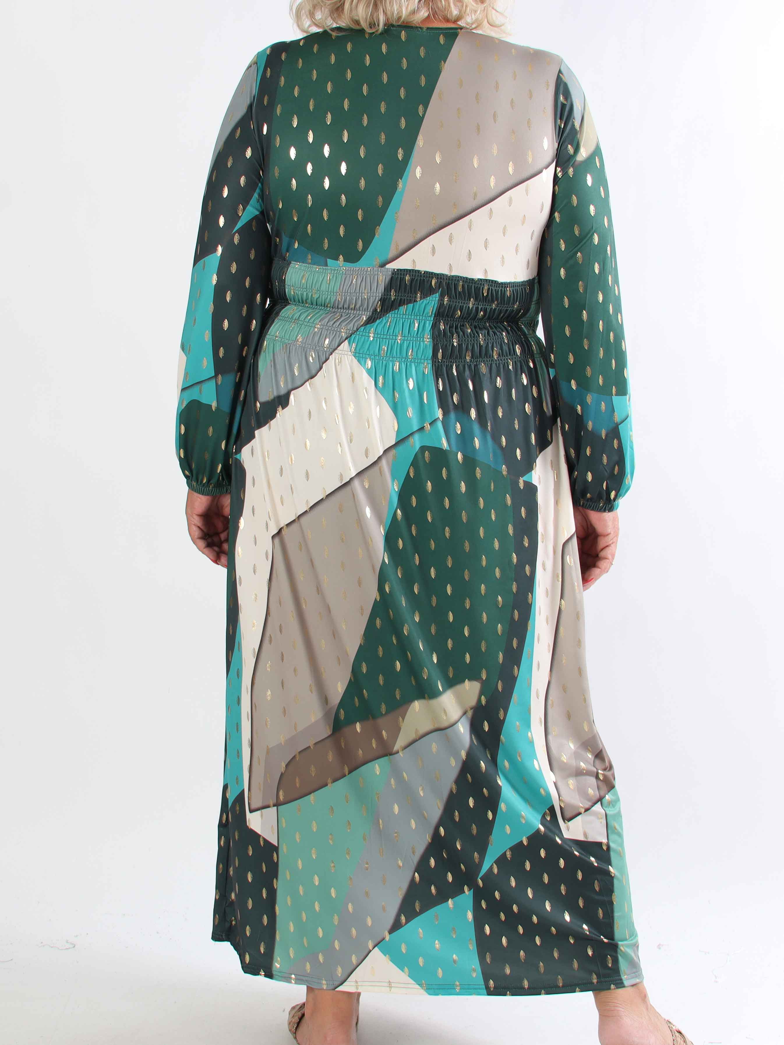 Pams Abstract L/S - Elastisk flerfarvet plus size kjole med guld detaljer