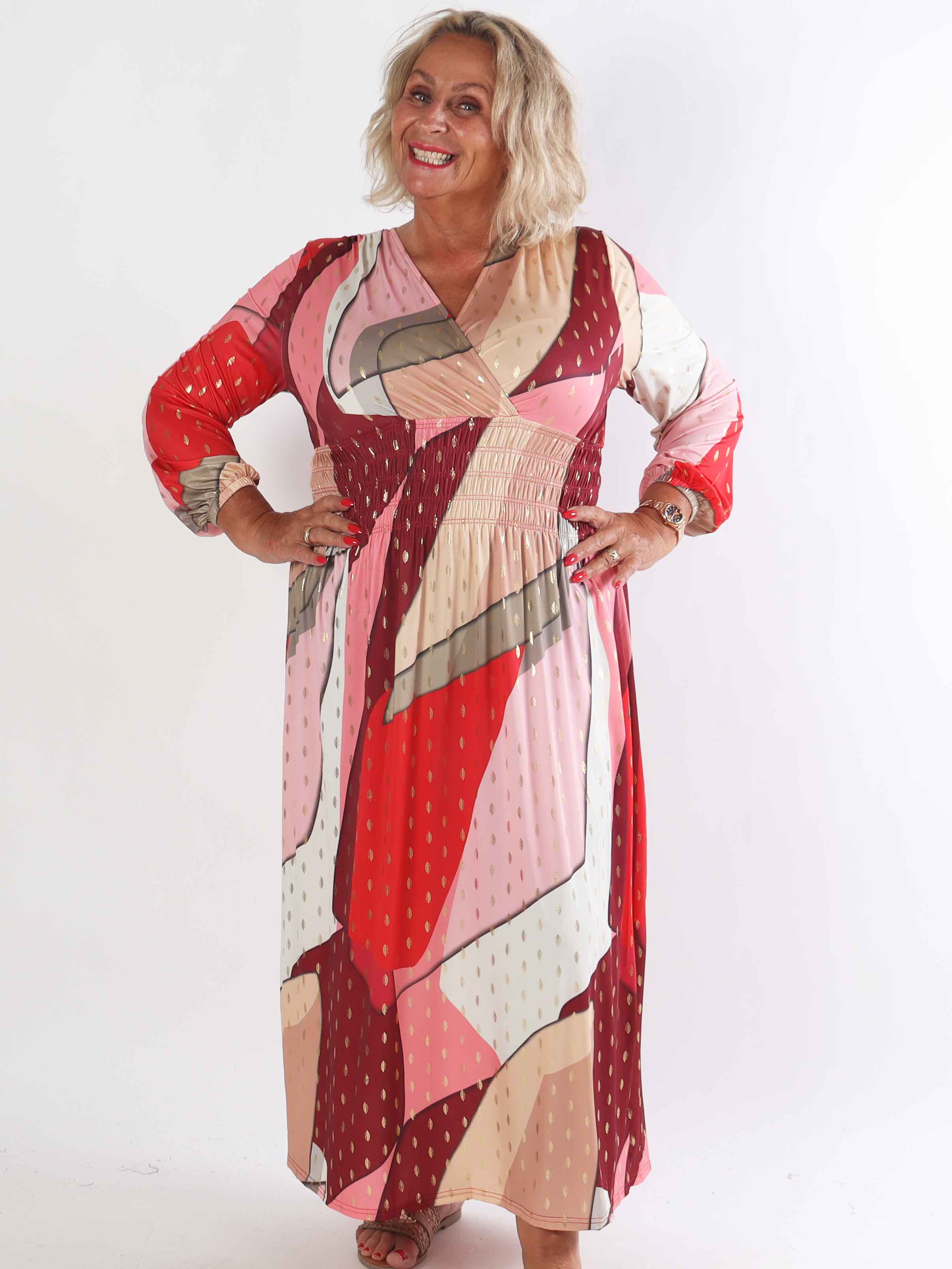 Pams Abstract L/S - Elastisk flerfarvet plus size kjole med guld detaljer