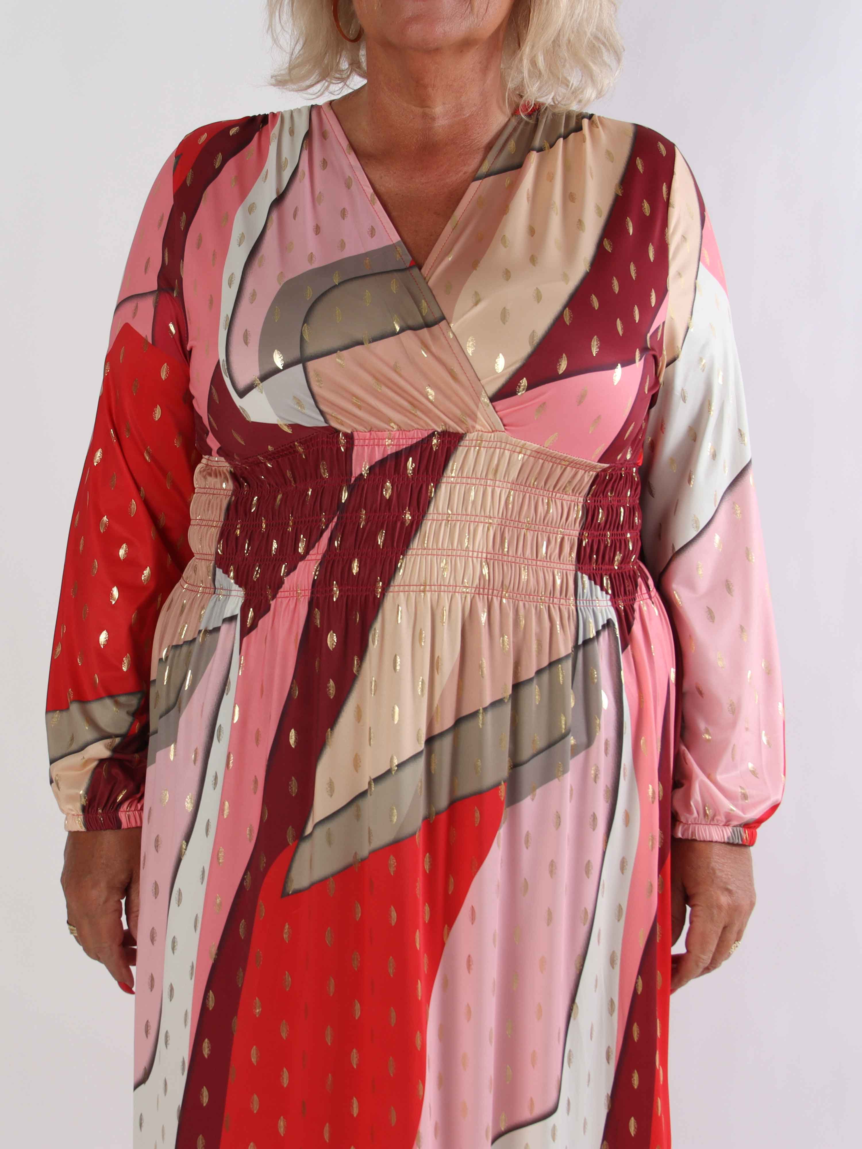 Pams Abstract L/S - Elastisk flerfarvet plus size kjole med guld detaljer