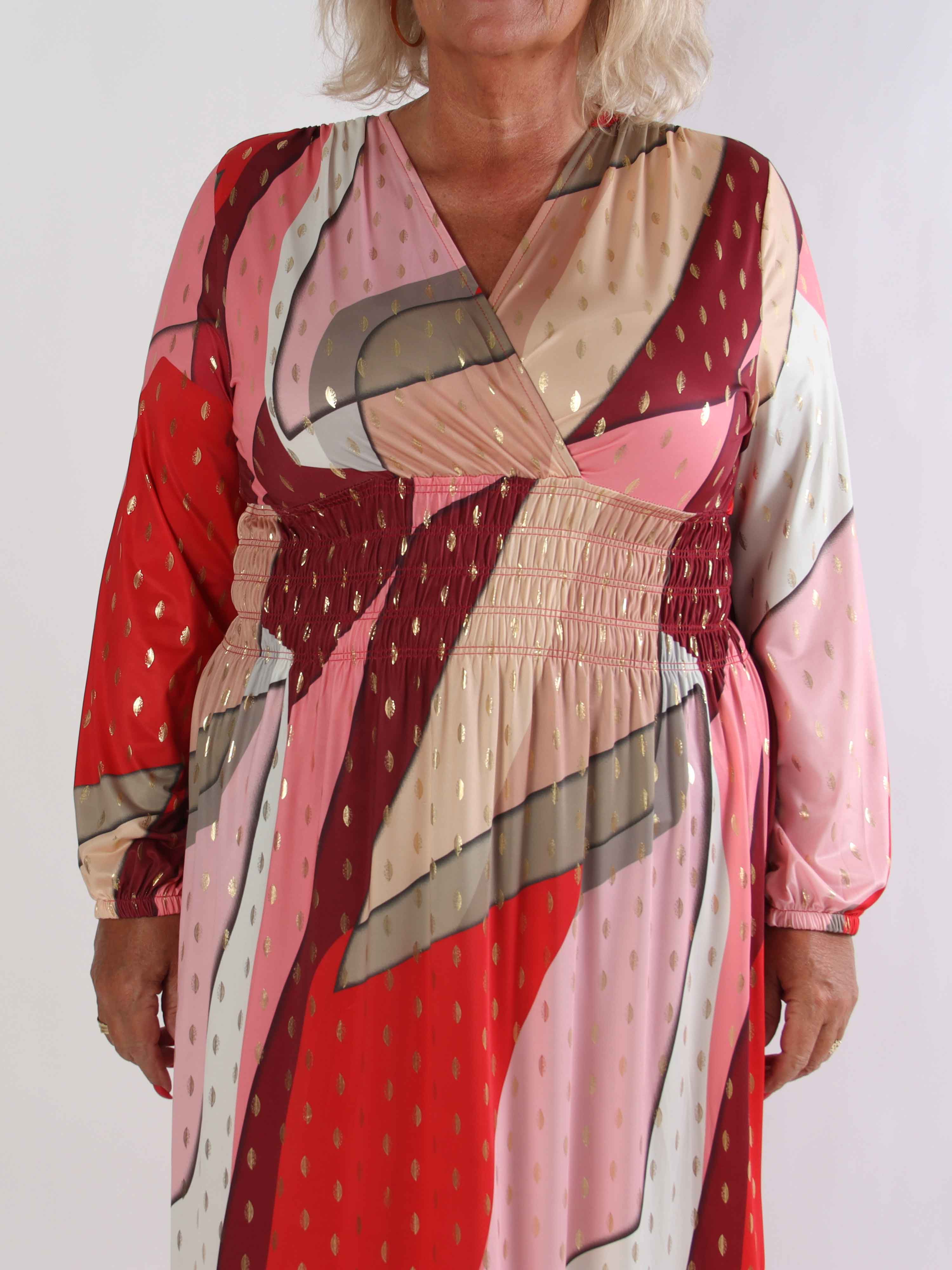 Pams Abstract L/S - Elastisk flerfarvet plus size kjole med guld detaljer