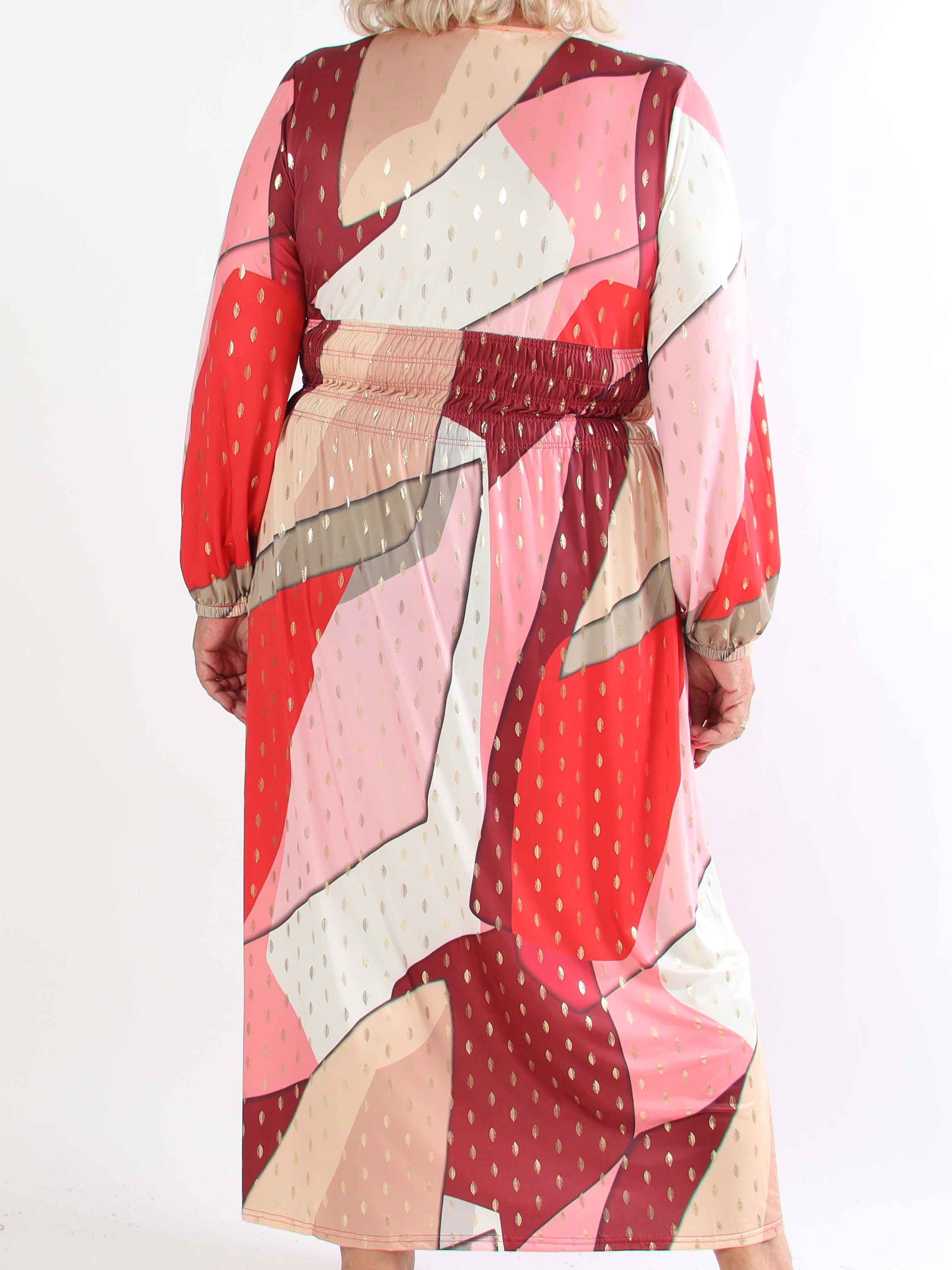 Pams Abstract L/S - Elastisk flerfarvet plus size kjole med guld detaljer