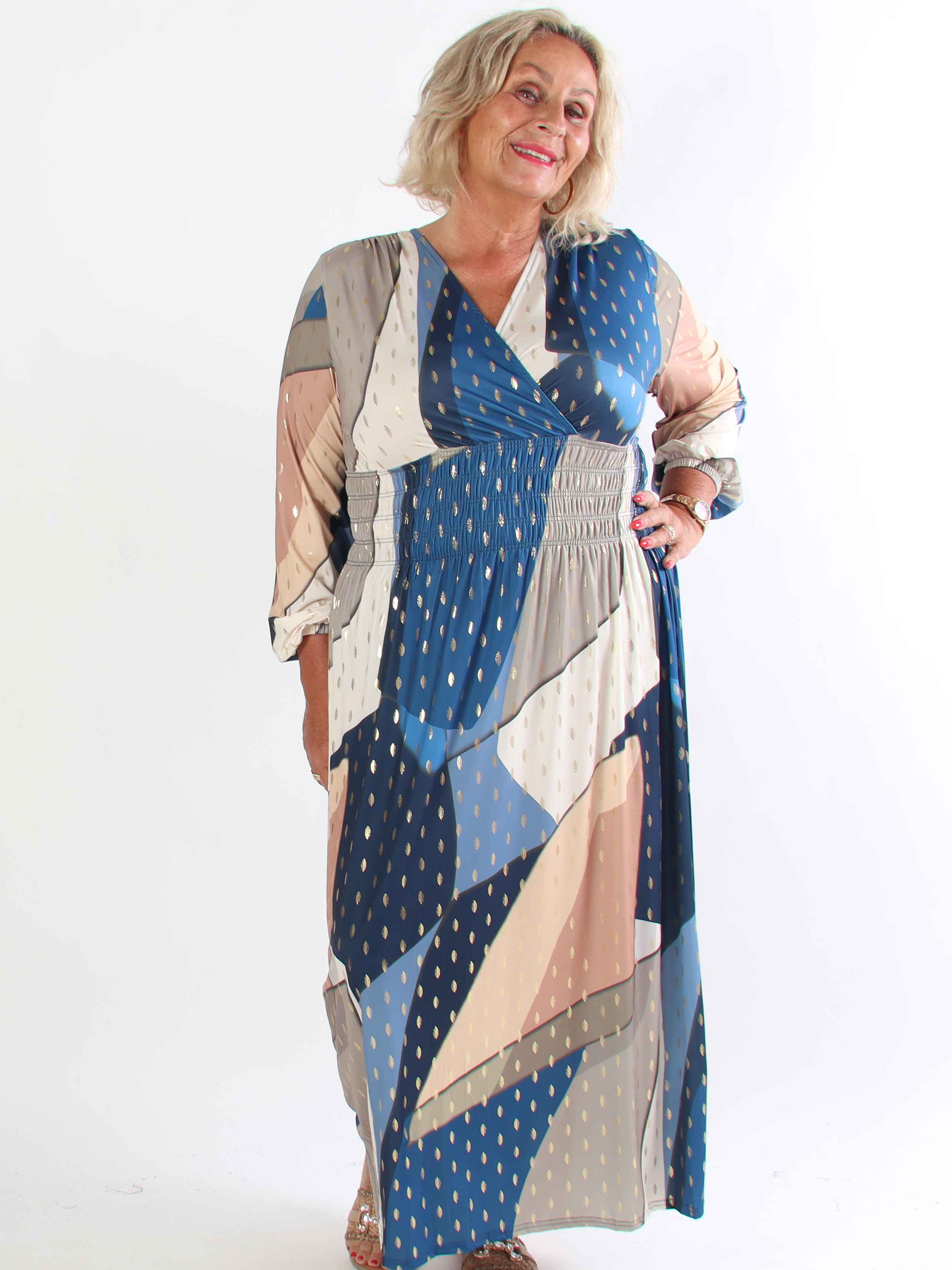 Pams Abstract L/S - Elastisk flerfarvet plus size kjole med guld detaljer