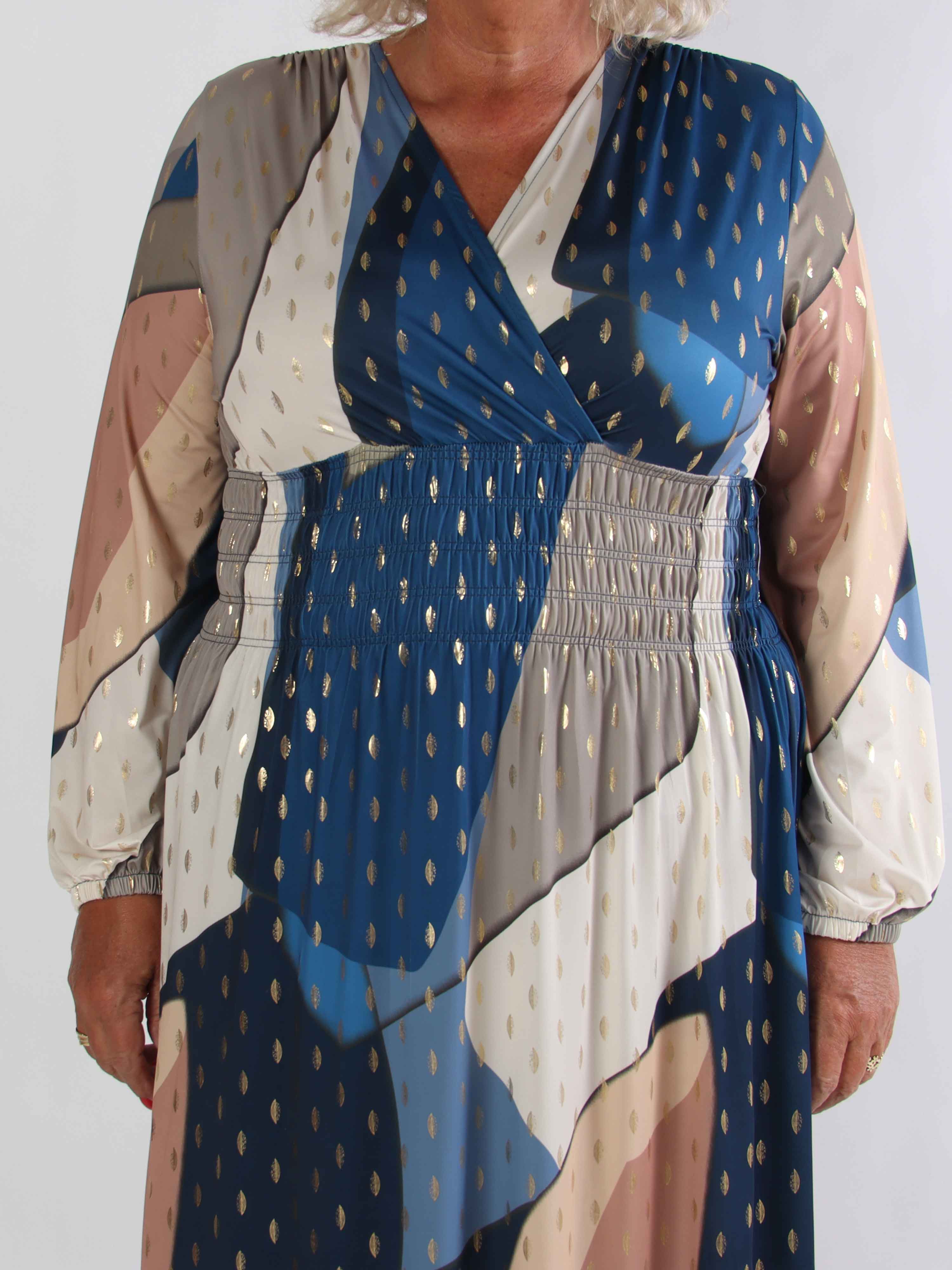 Pams Abstract L/S - Elastisk flerfarvet plus size kjole med guld detaljer