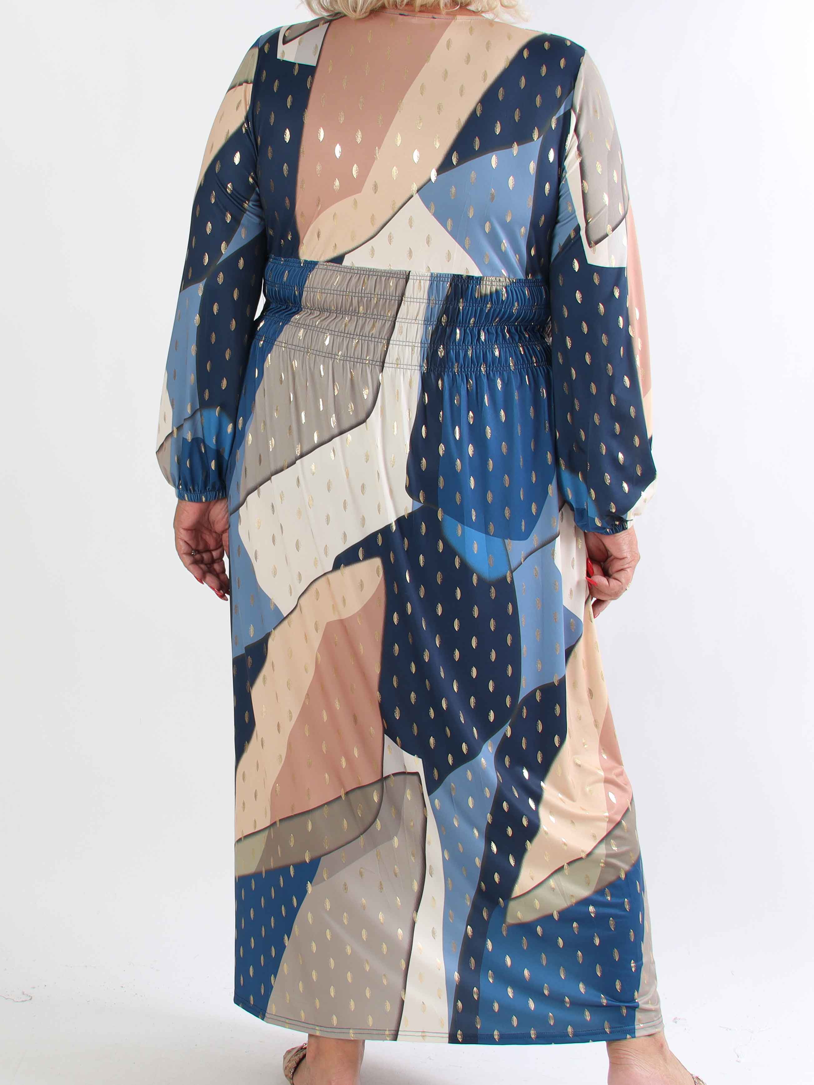 Pams Abstract L/S - Elastisk flerfarvet plus size kjole med guld detaljer