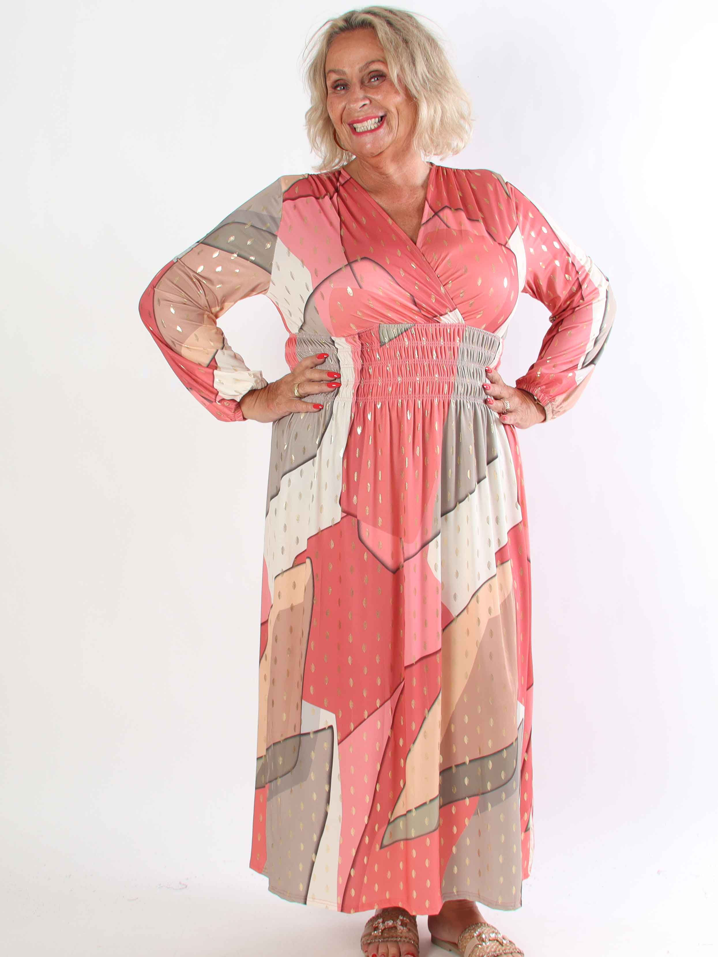 Pams Abstract L/S - Elastisk flerfarvet plus size kjole med guld detaljer