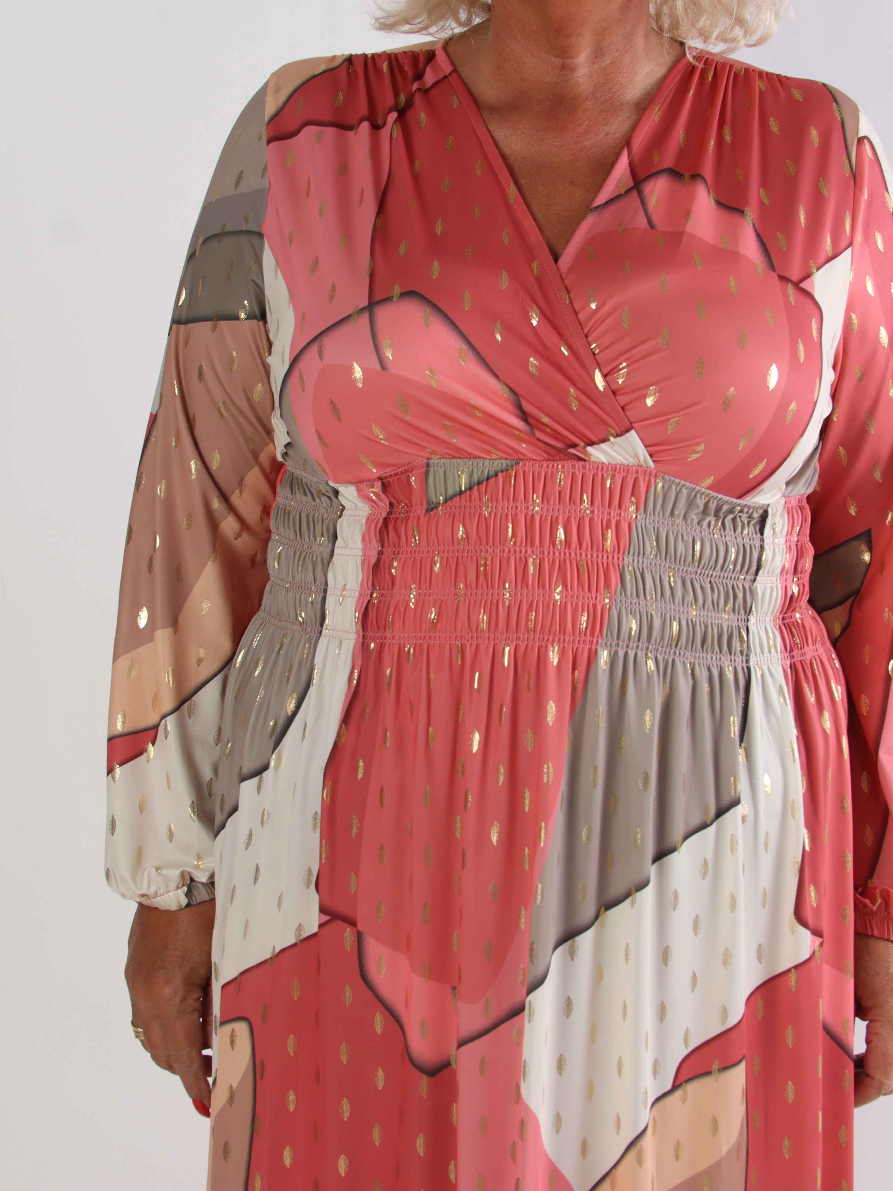 Pams Abstract L/S - Elastisk flerfarvet plus size kjole med guld detaljer