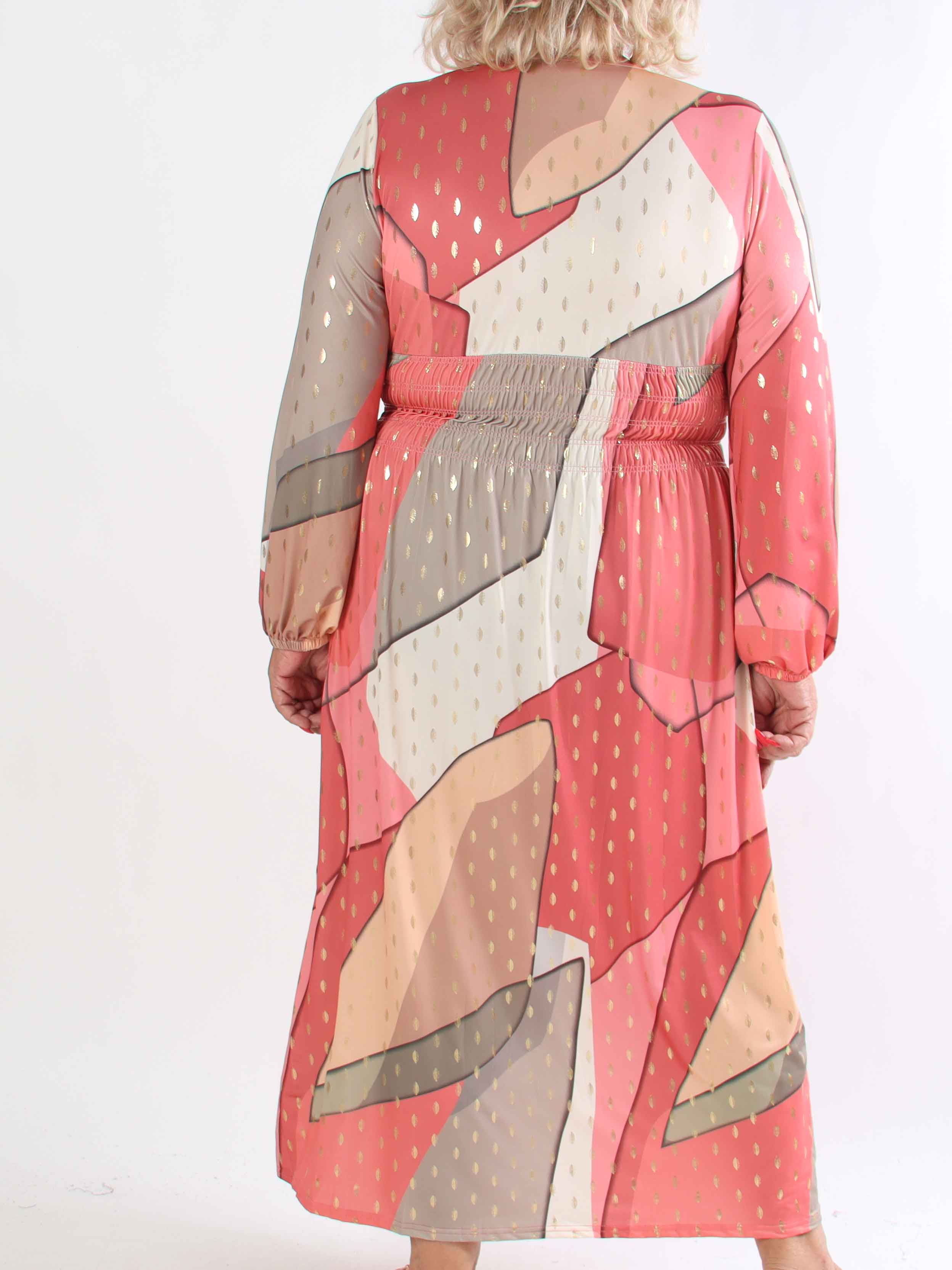 Pams Abstract L/S - Elastisk flerfarvet plus size kjole med guld detaljer