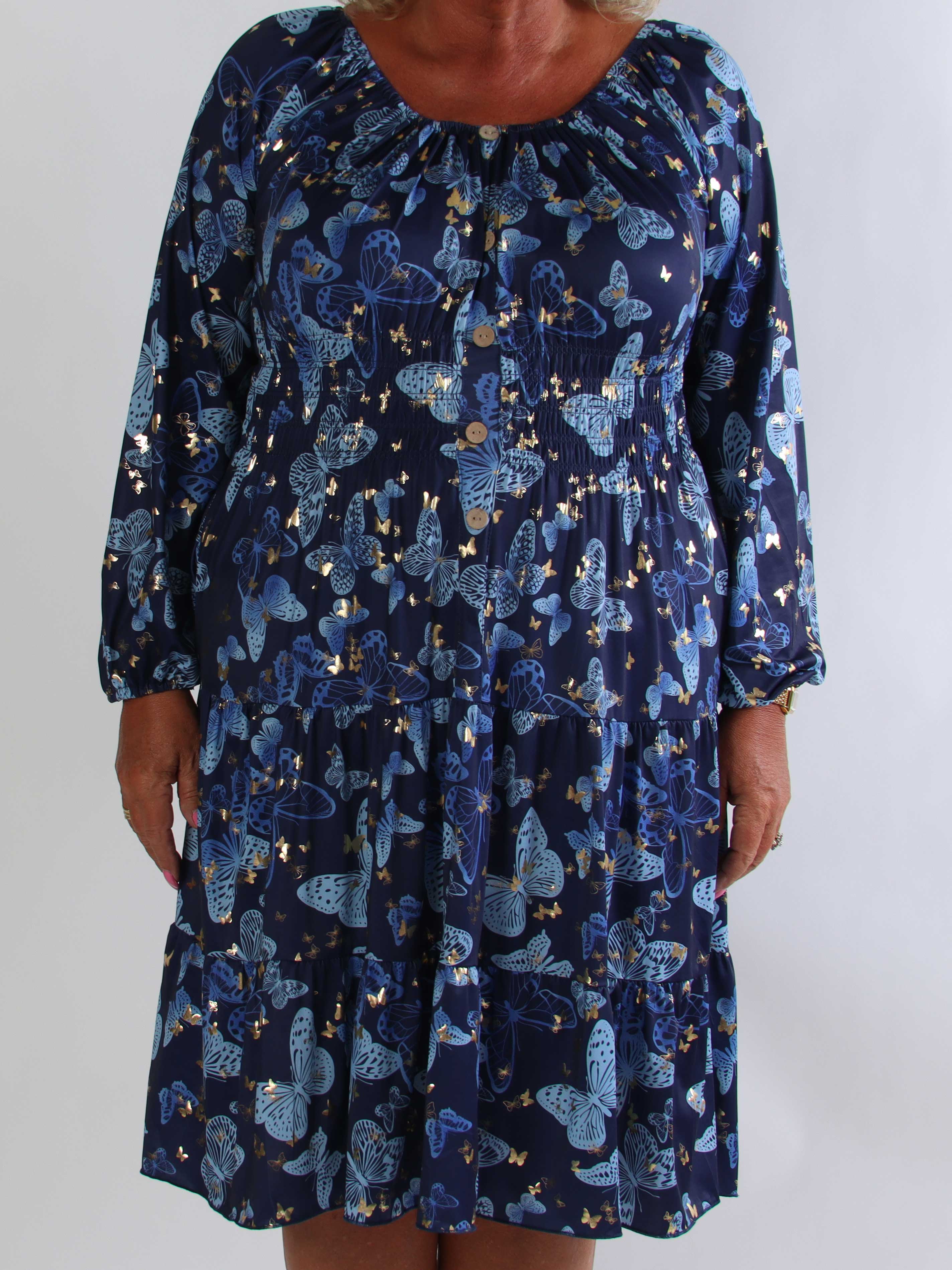 Tea Butterfly L/S - Plus size kjole med elastik i livet og sommerfugleprint