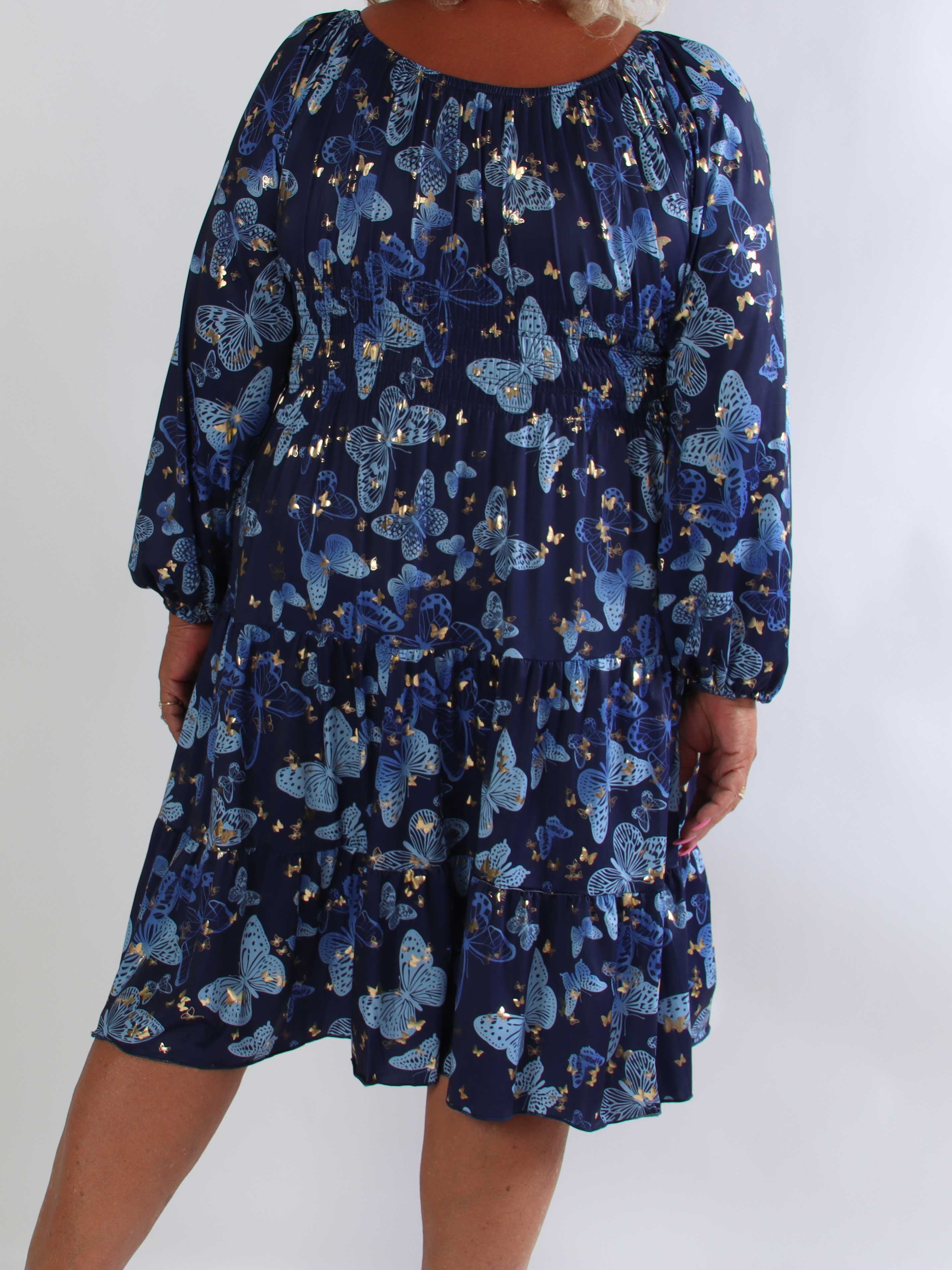 Tea Butterfly L/S - Plus size kjole med elastik i livet og sommerfugleprint