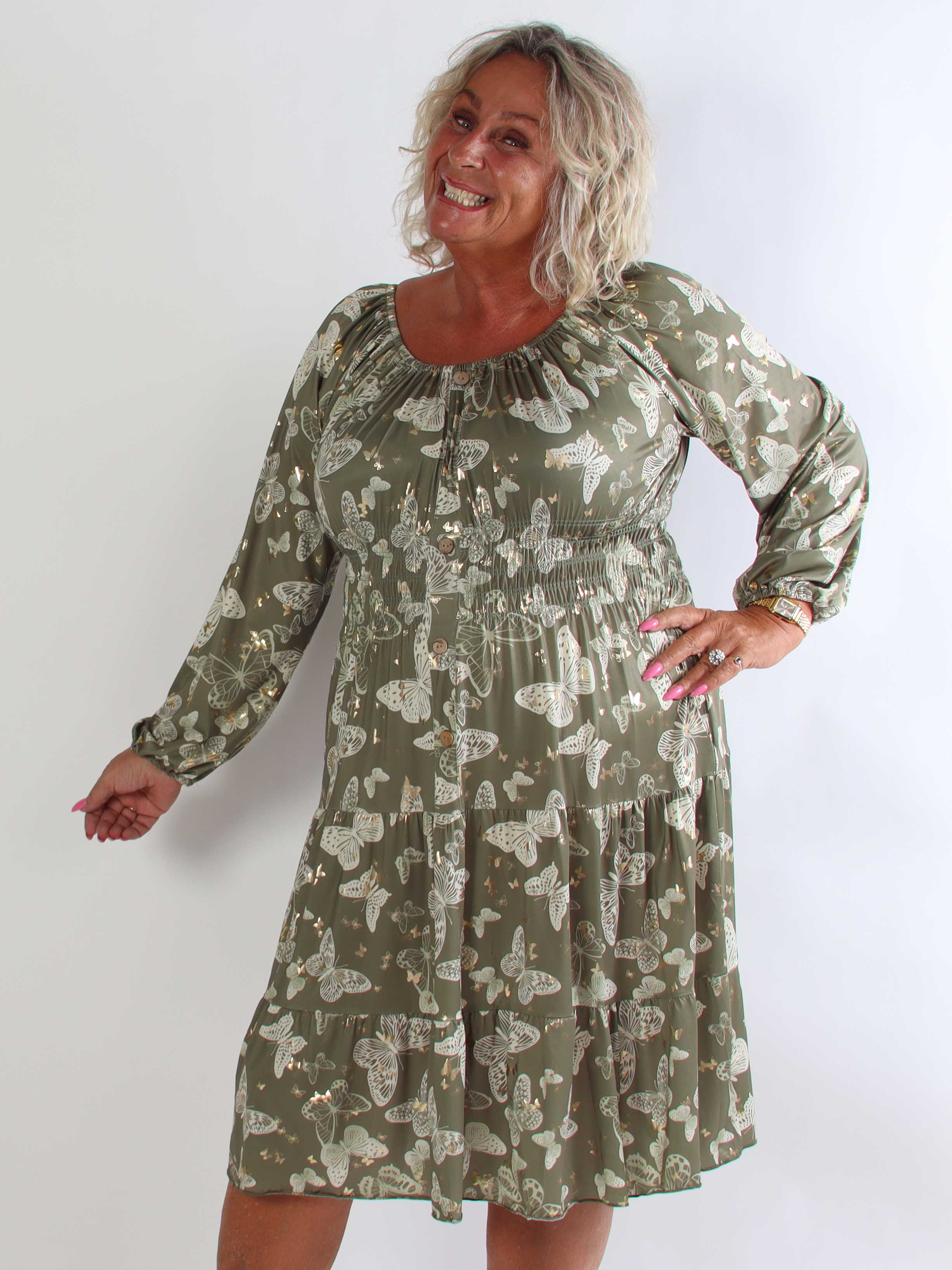Tea Butterfly L/S - Plus size kjole med elastik i livet og sommerfugleprint