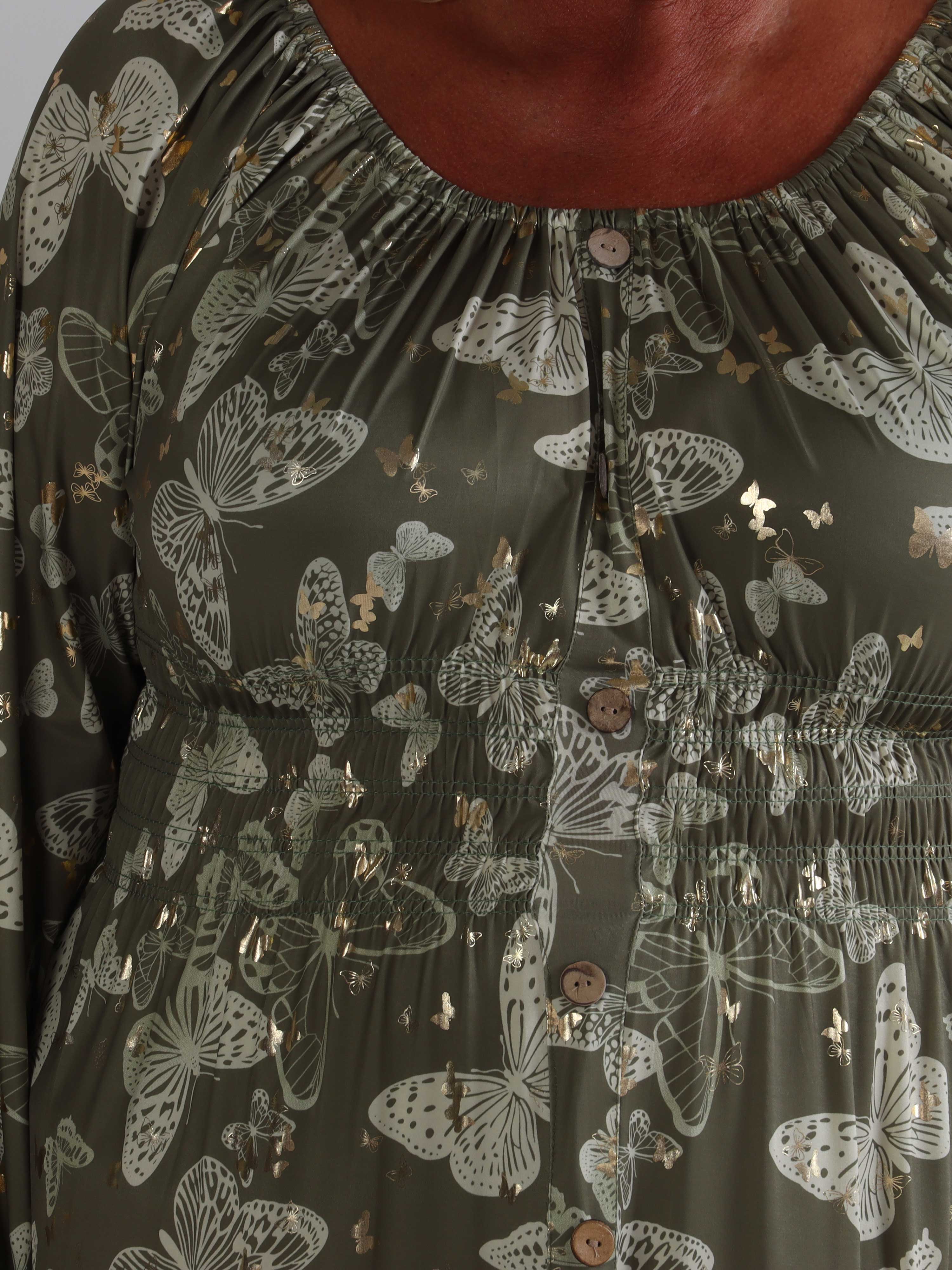 Tea Butterfly L/S - Plus size kjole med elastik i livet og sommerfugleprint
