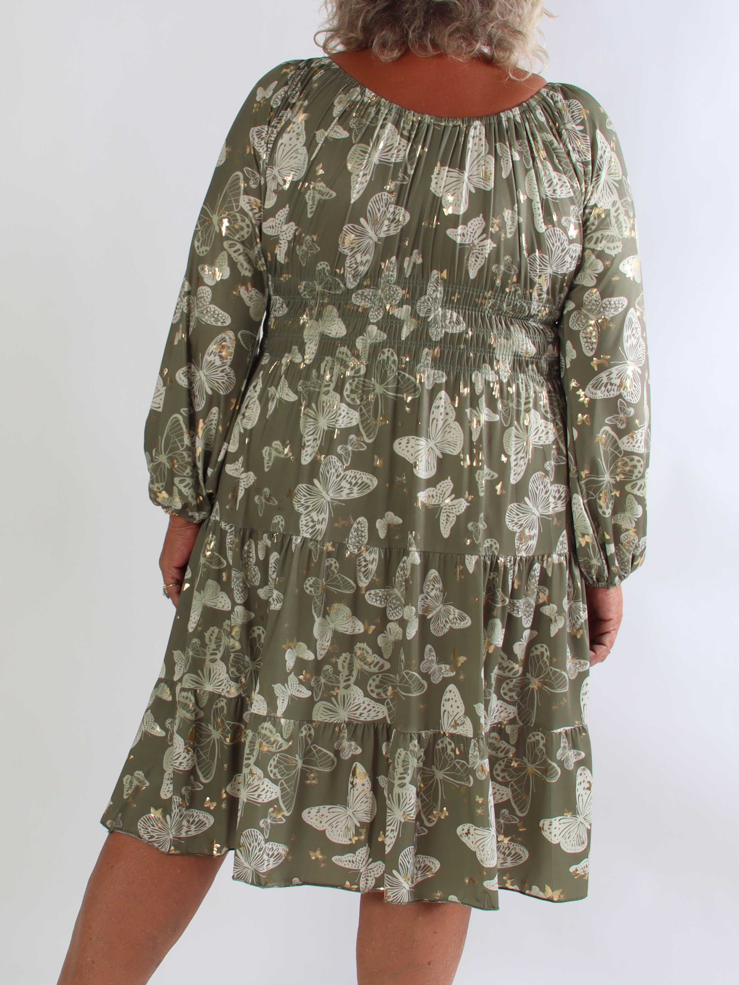 Tea Butterfly L/S - Plus size kjole med elastik i livet og sommerfugleprint