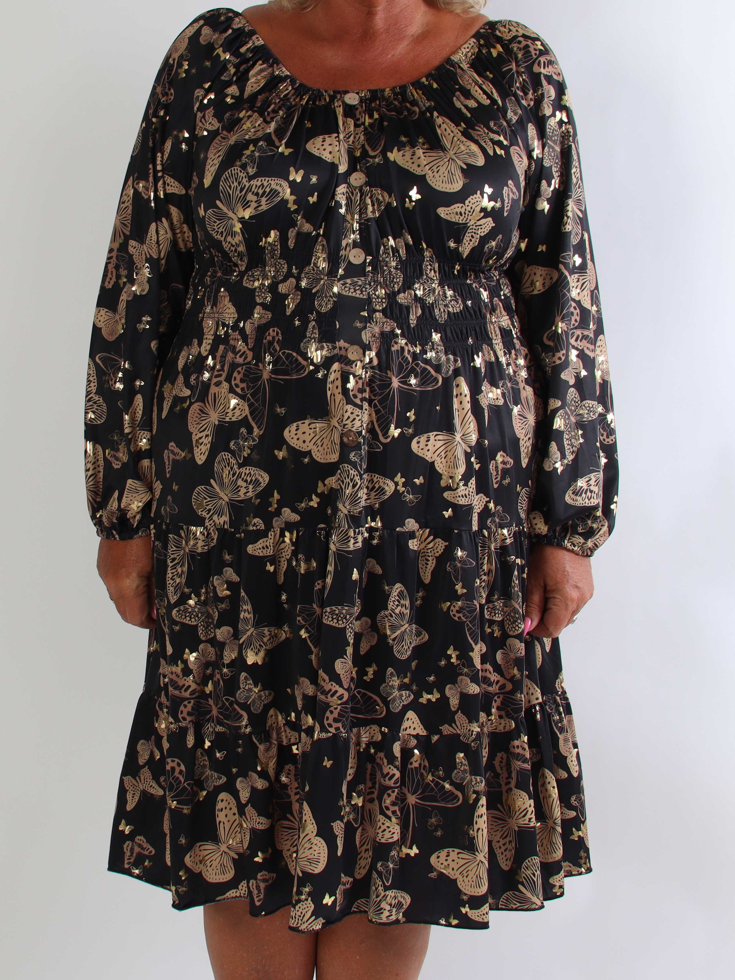 Tea Butterfly L/S - Plus size kjole med elastik i livet og sommerfugleprint