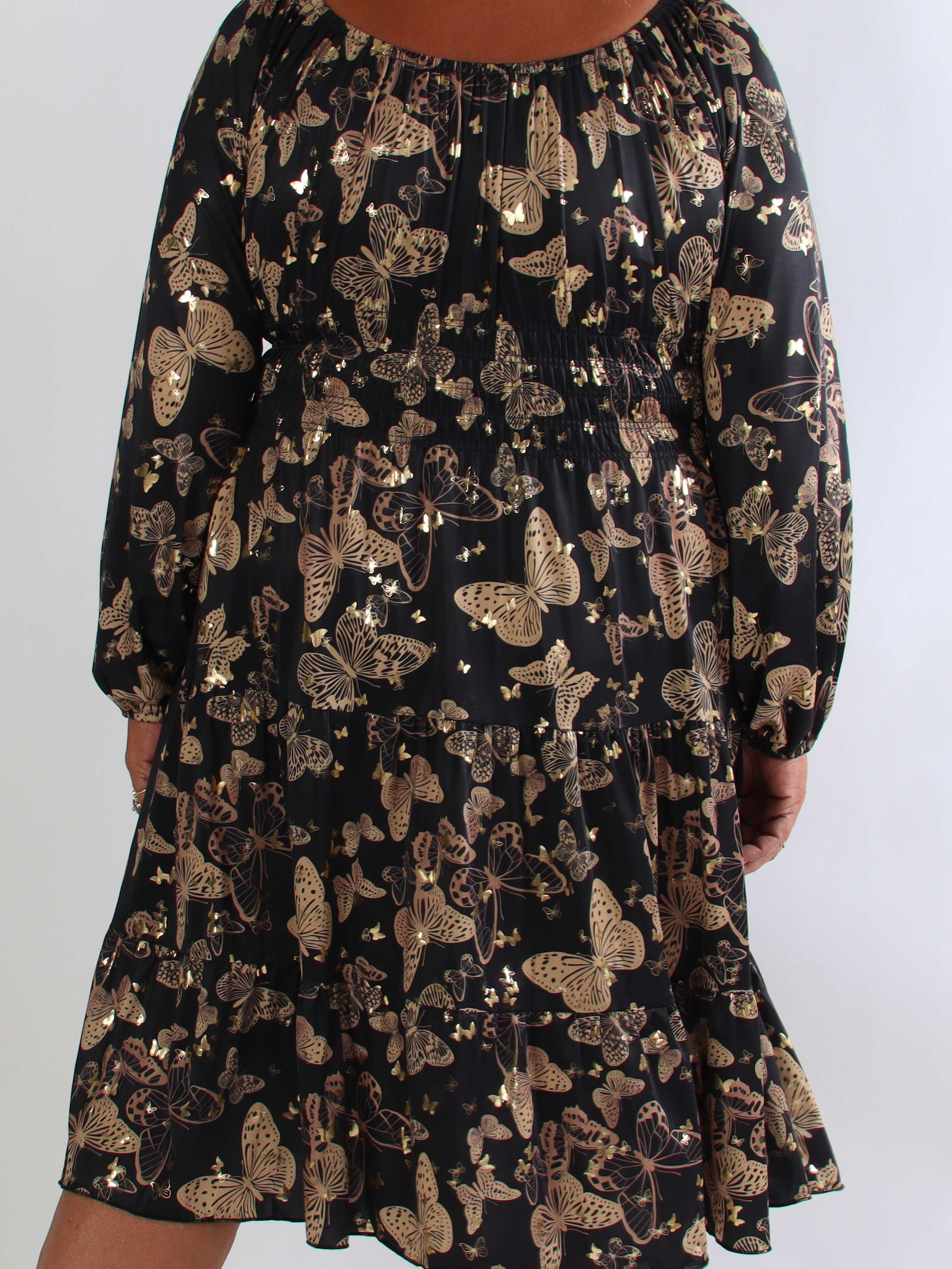 Tea Butterfly L/S - Plus size kjole med elastik i livet og sommerfugleprint