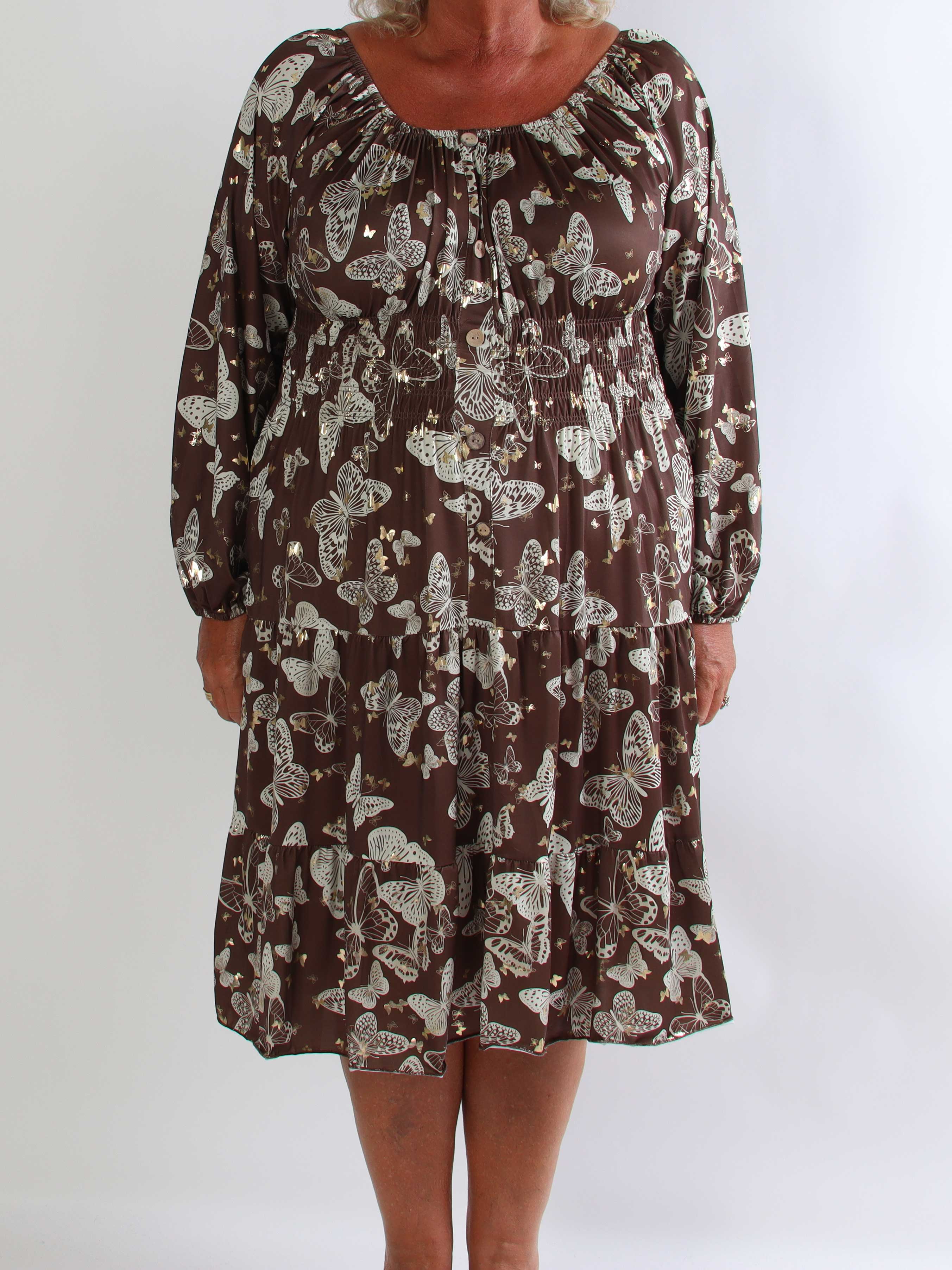 Tea Butterfly L/S - Plus size kjole med elastik i livet og sommerfugleprint