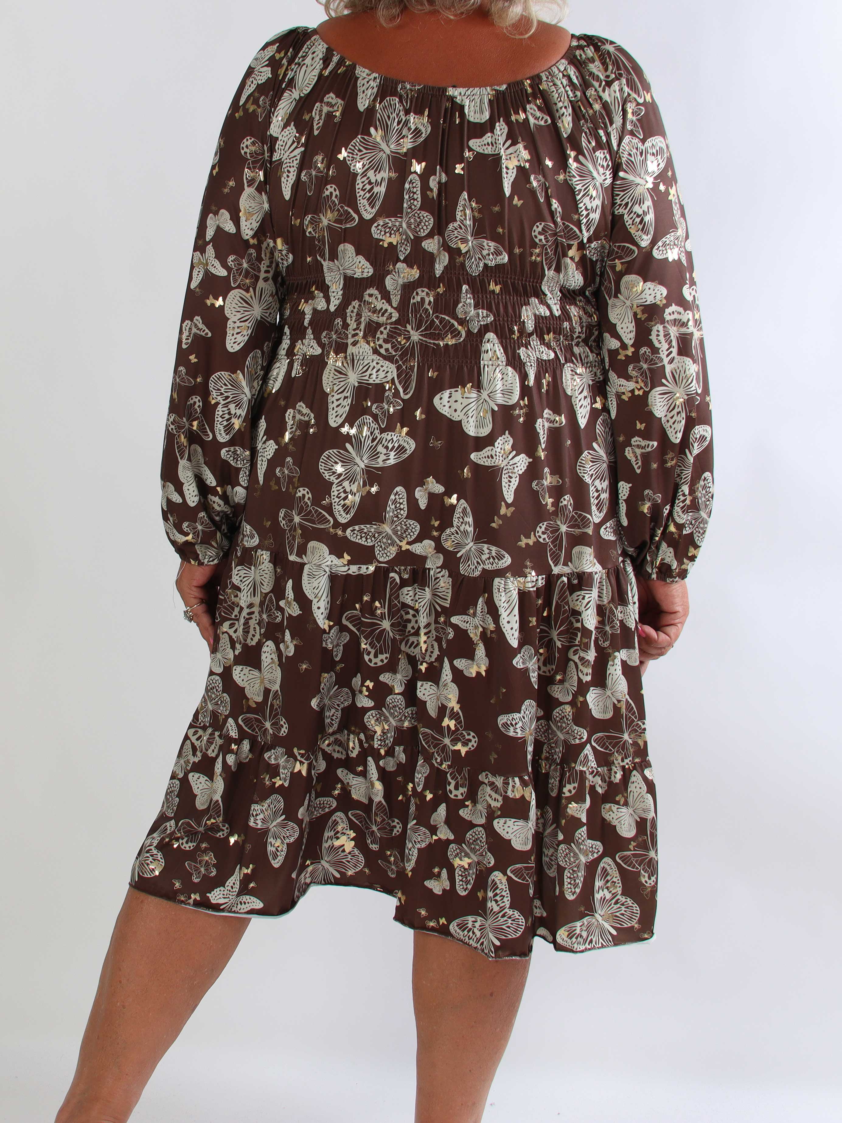 Tea Butterfly L/S - Plus size kjole med elastik i livet og sommerfugleprint