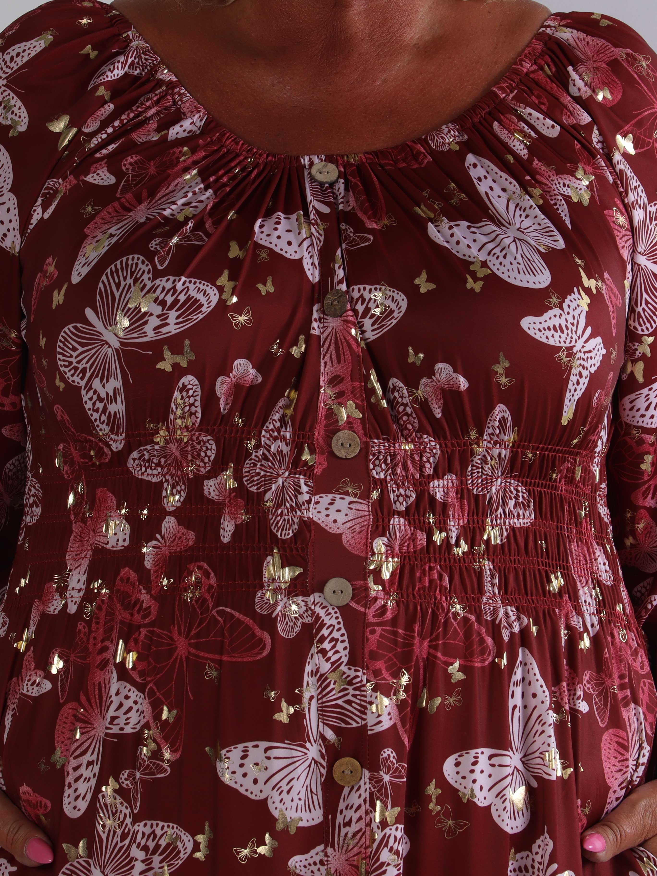 Tea Butterfly L/S - Plus size kjole med elastik i livet og sommerfugleprint