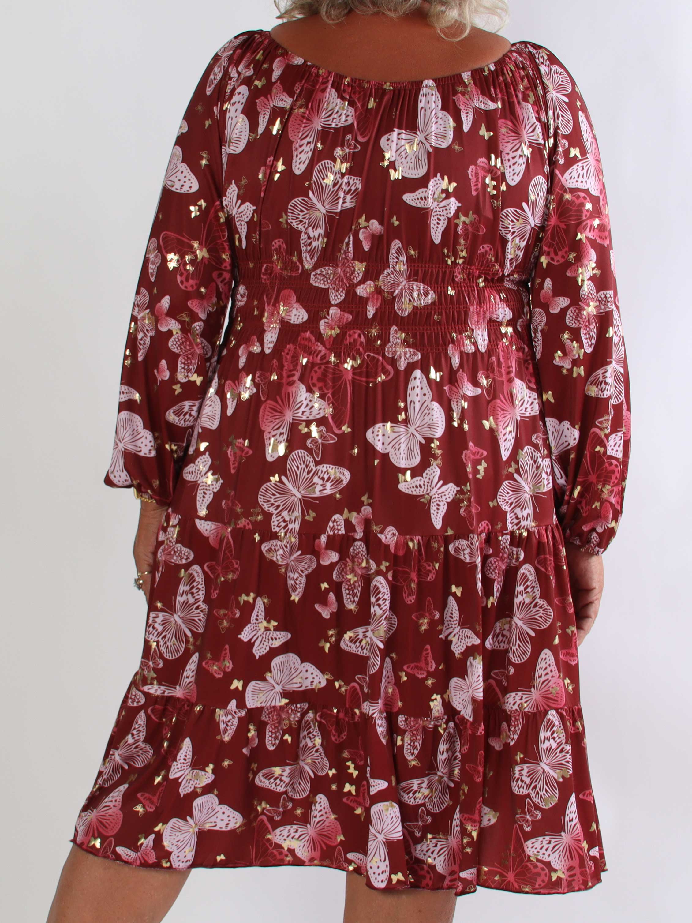 Tea Butterfly L/S - Plus size kjole med elastik i livet og sommerfugleprint
