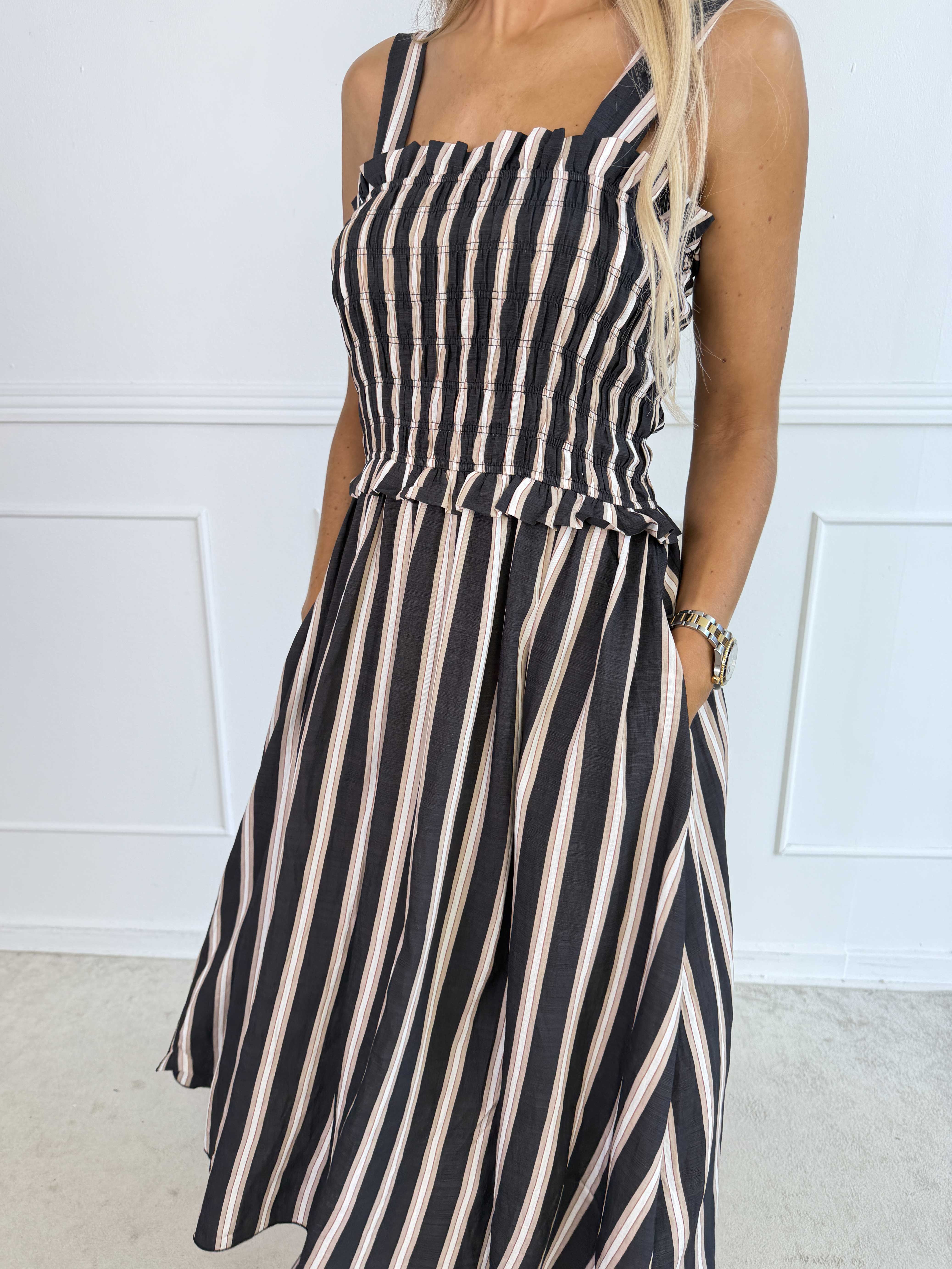 Marisol Stripe - Stribet plus size sommerkjole i viskose med smock henover brystet